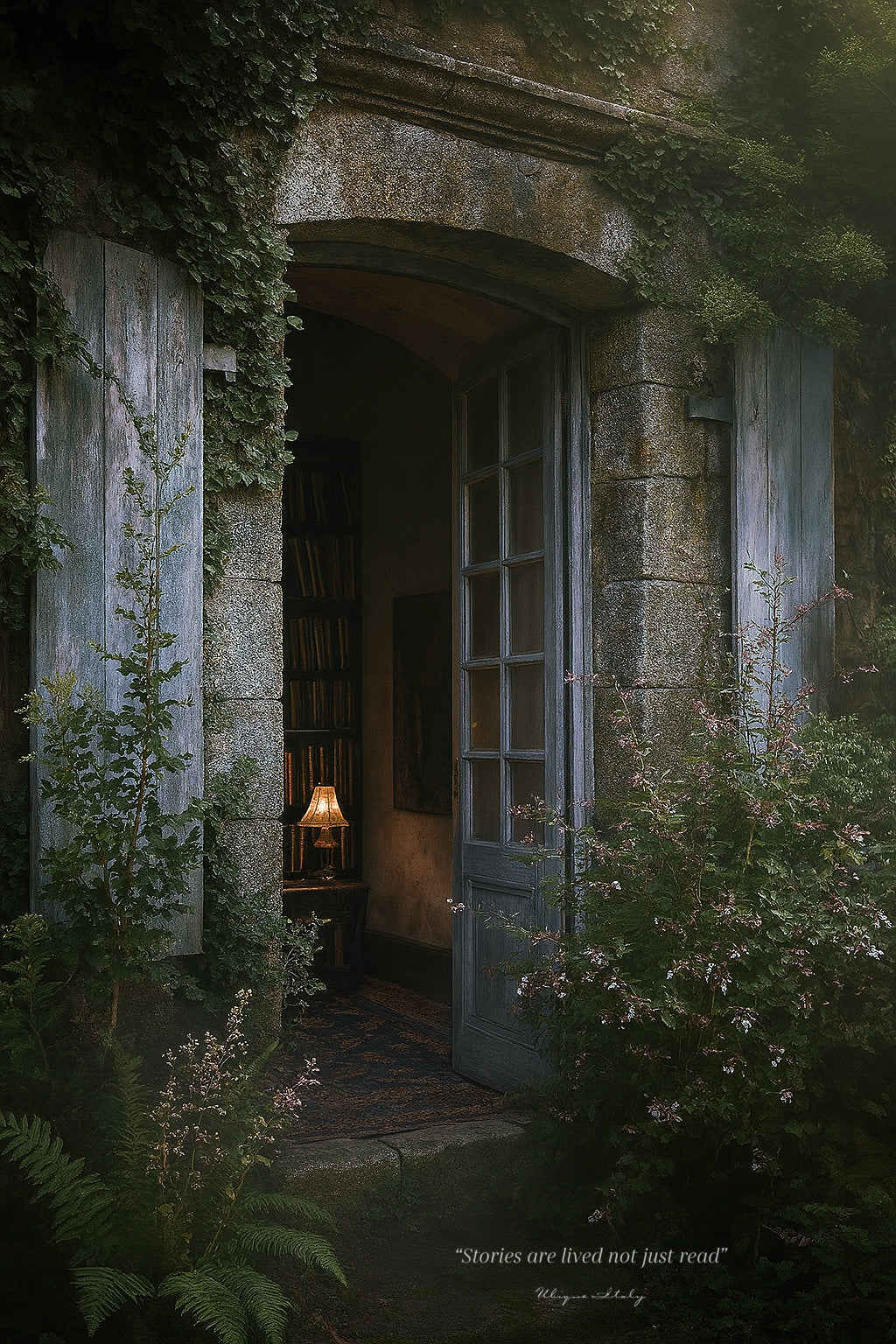 Old stone house with open door, overgrown with plants and flowers, and a quote at the bottom.