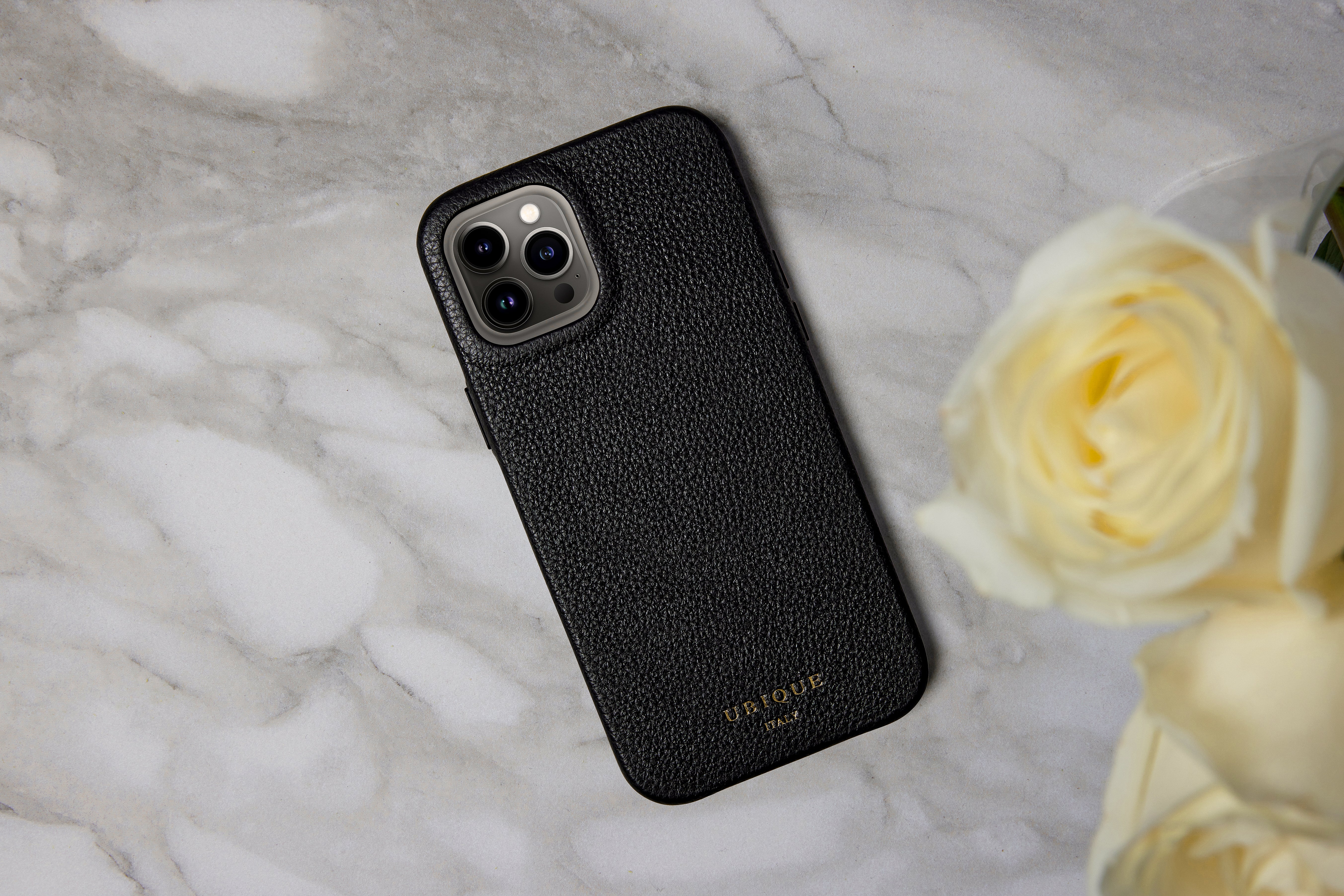 Ubique Italy Luxury iPhone Case Pebbled Leather Black Marble Roses