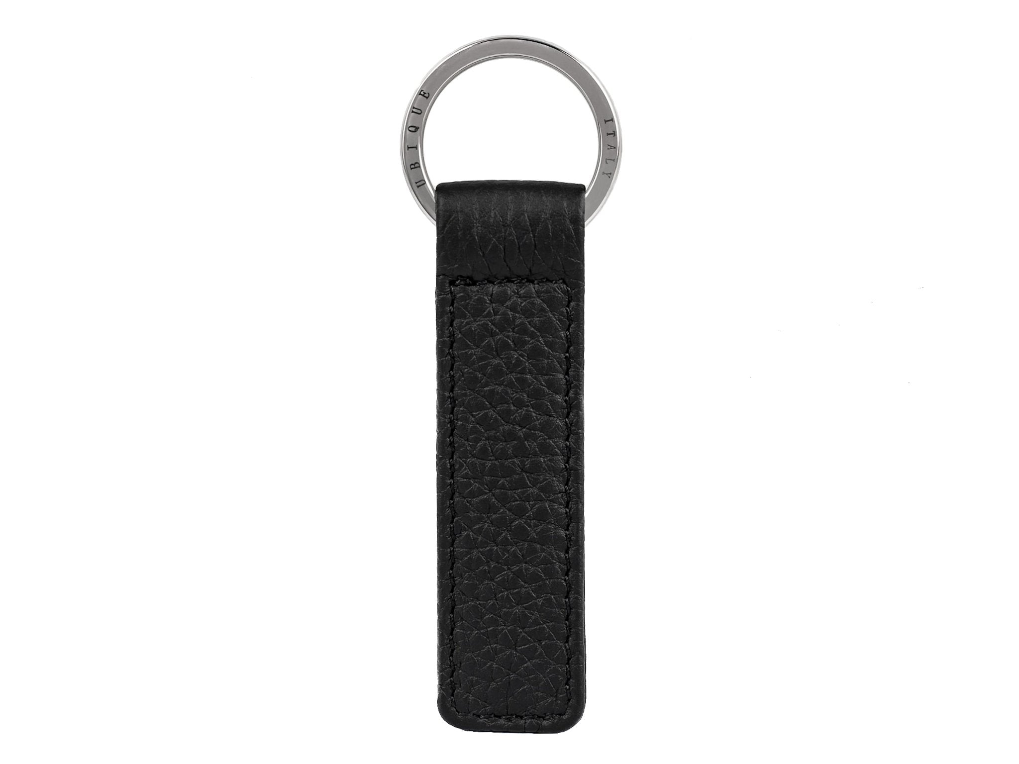 Ubique Italy Black Calf Leather Rectangle Key Ring with Silver Ring