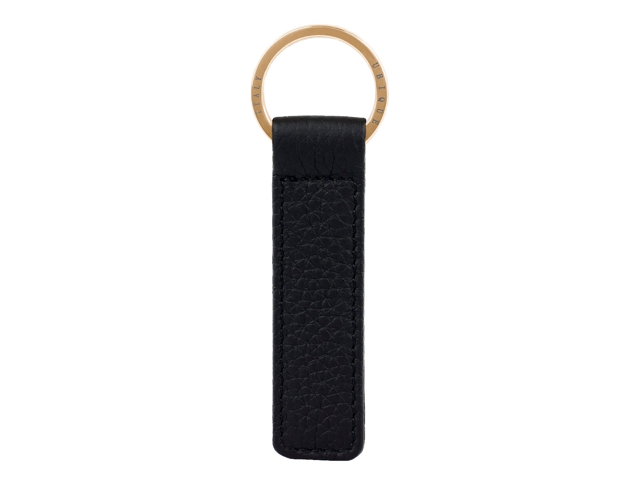 Ubique Italy Black Calf Leather Rectangle Key Ring with Gold Ring