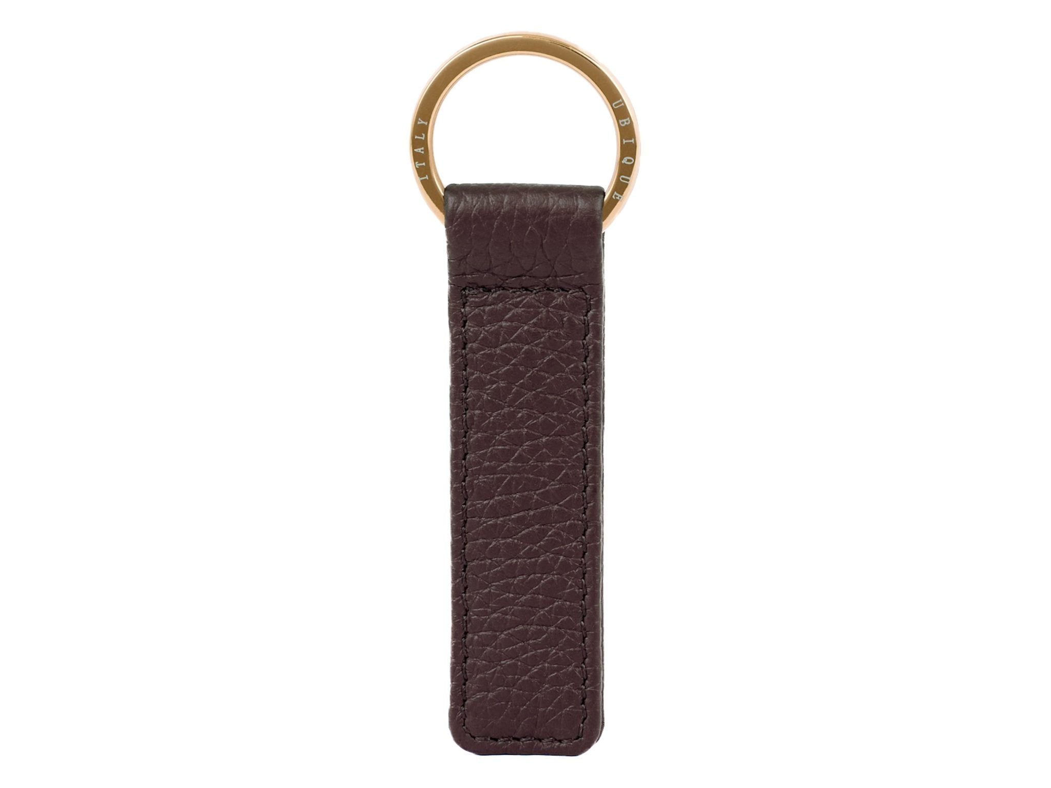 Ubique Italy Brown Calf Leather Rectangle Key Ring with Gold Ring