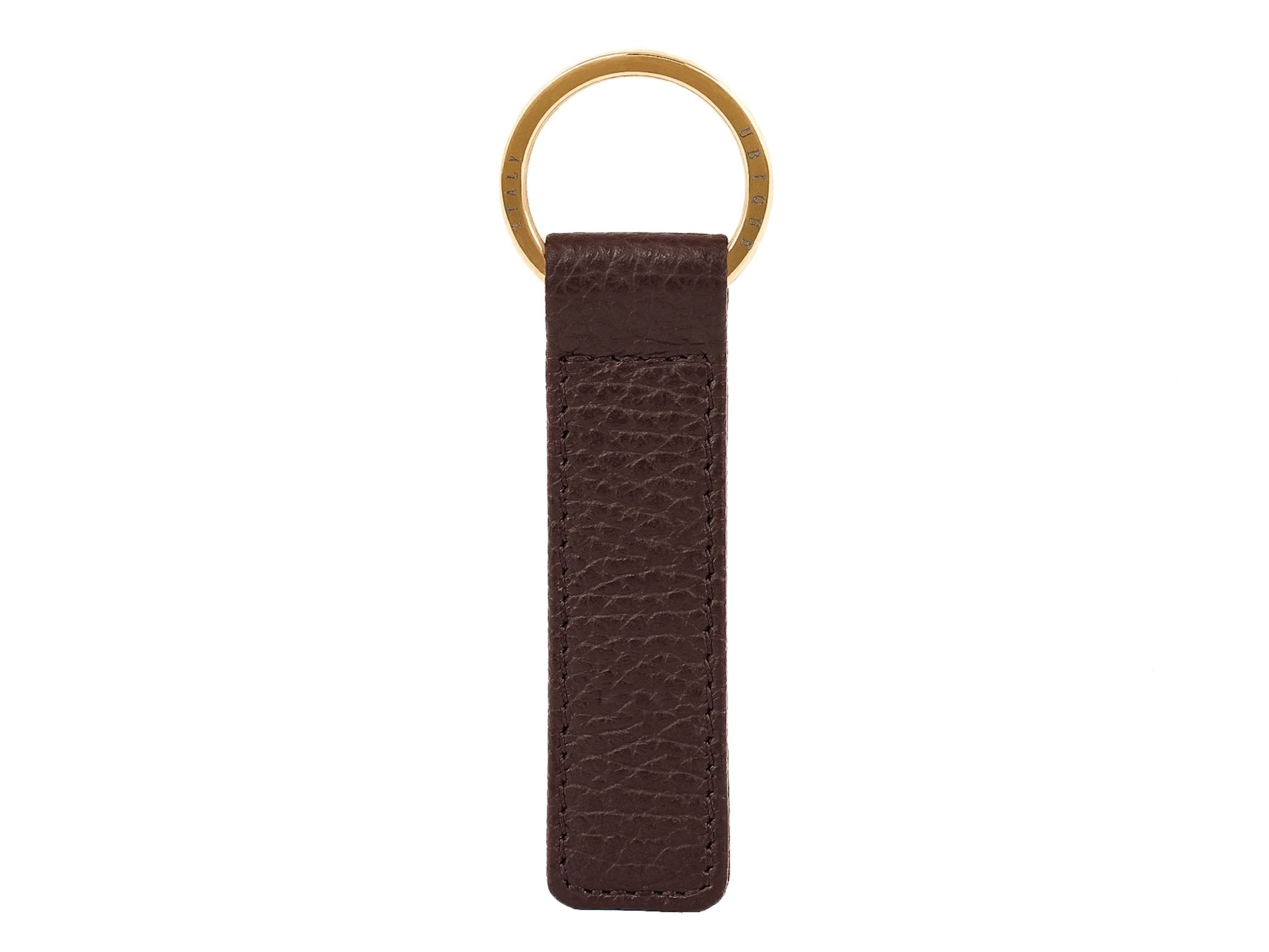 Ubique Italy Brown Full Grain Leather Rectangle Key Ring with Gold Ring