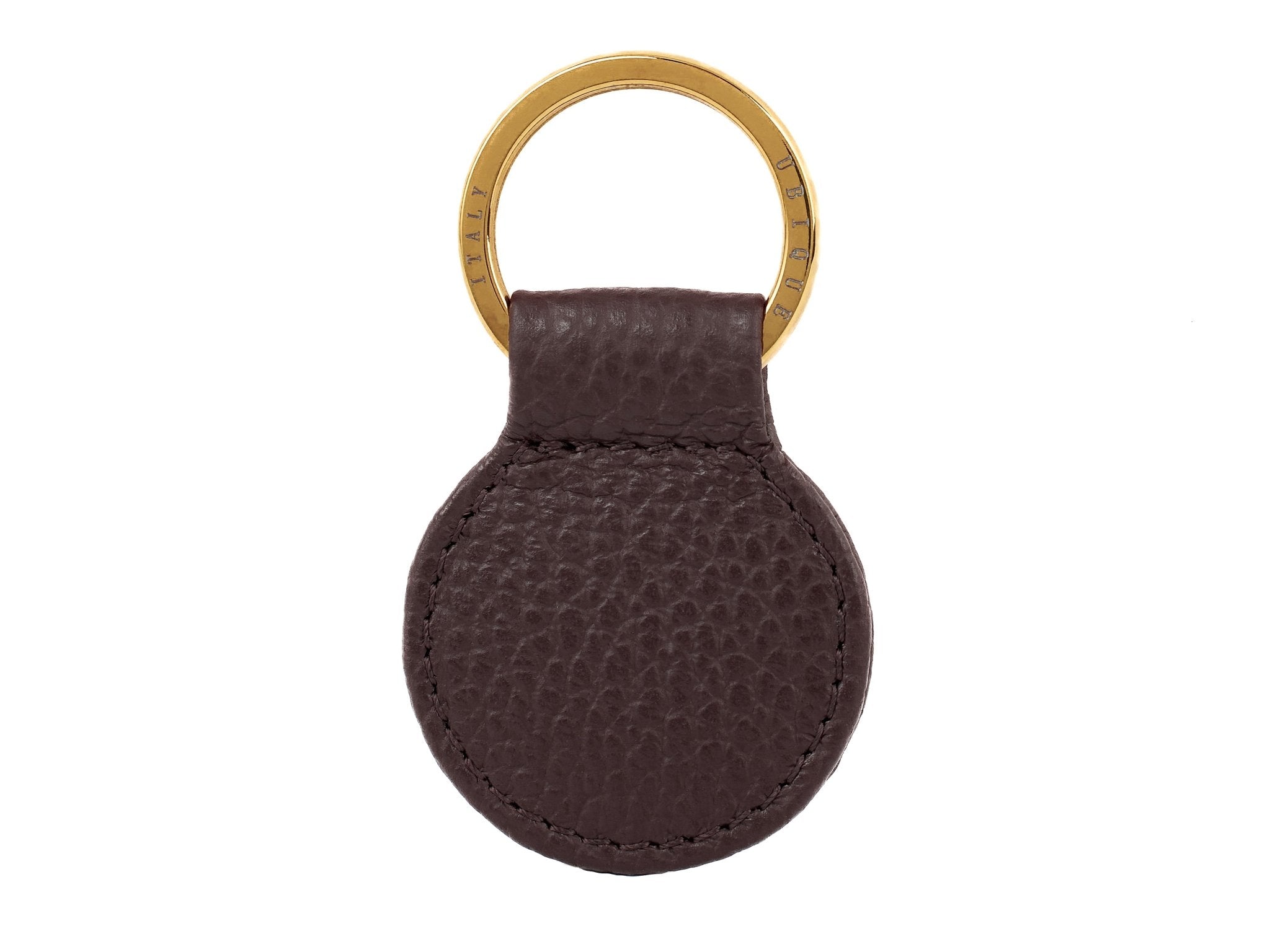 Ubique Italy Brown Full Grain Leather Round Key Ring with Gold Ring