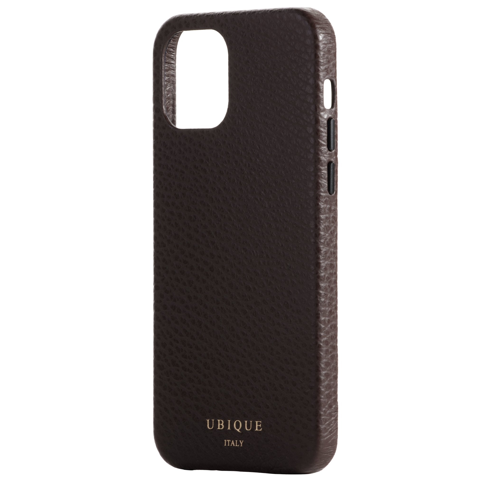 Ubique Italy Luxury iPhone Case 12 Pebble Grain Leather Dark Walnut Angled