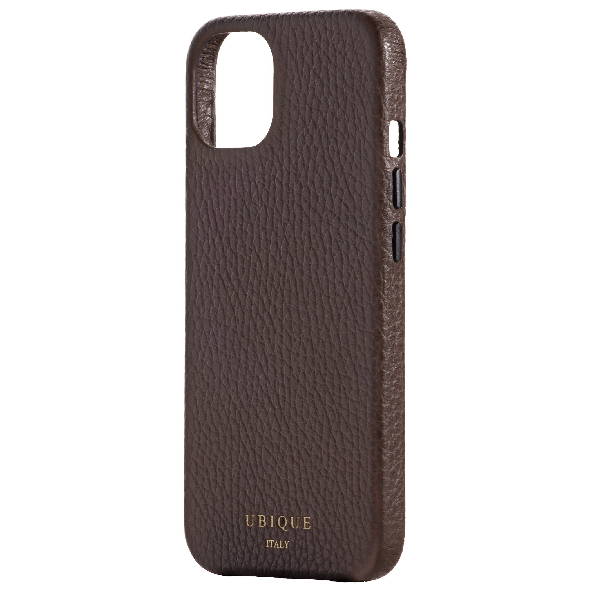 Ubique Italy Luxury iPhone Case 13 Pebble Grain Leather Dark Walnut Angled