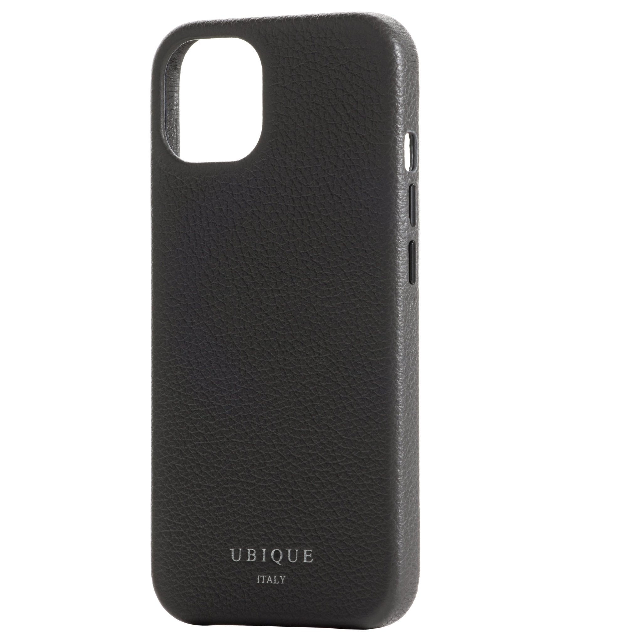 Ubique Italy Luxury iPhone Case 13 Pebble Grain Leather Storm Grey Angled