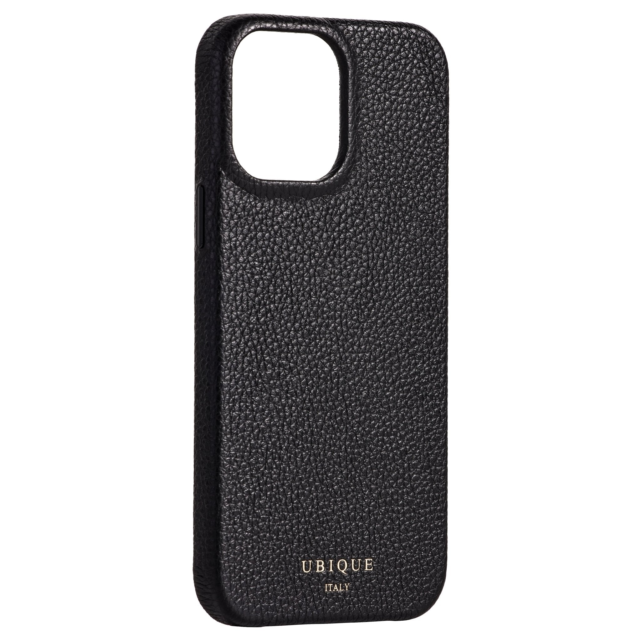 Ubique Italy Luxury iPhone Case 13 Pro Max Pebble Grain Leather Black Angled