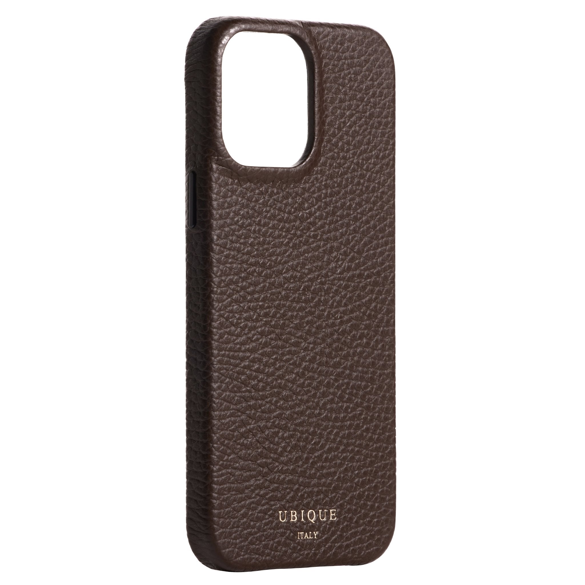 Ubique Italy Luxury iPhone Case 13 Pro Max Pebble Grain Leather Dark Walnut Angled