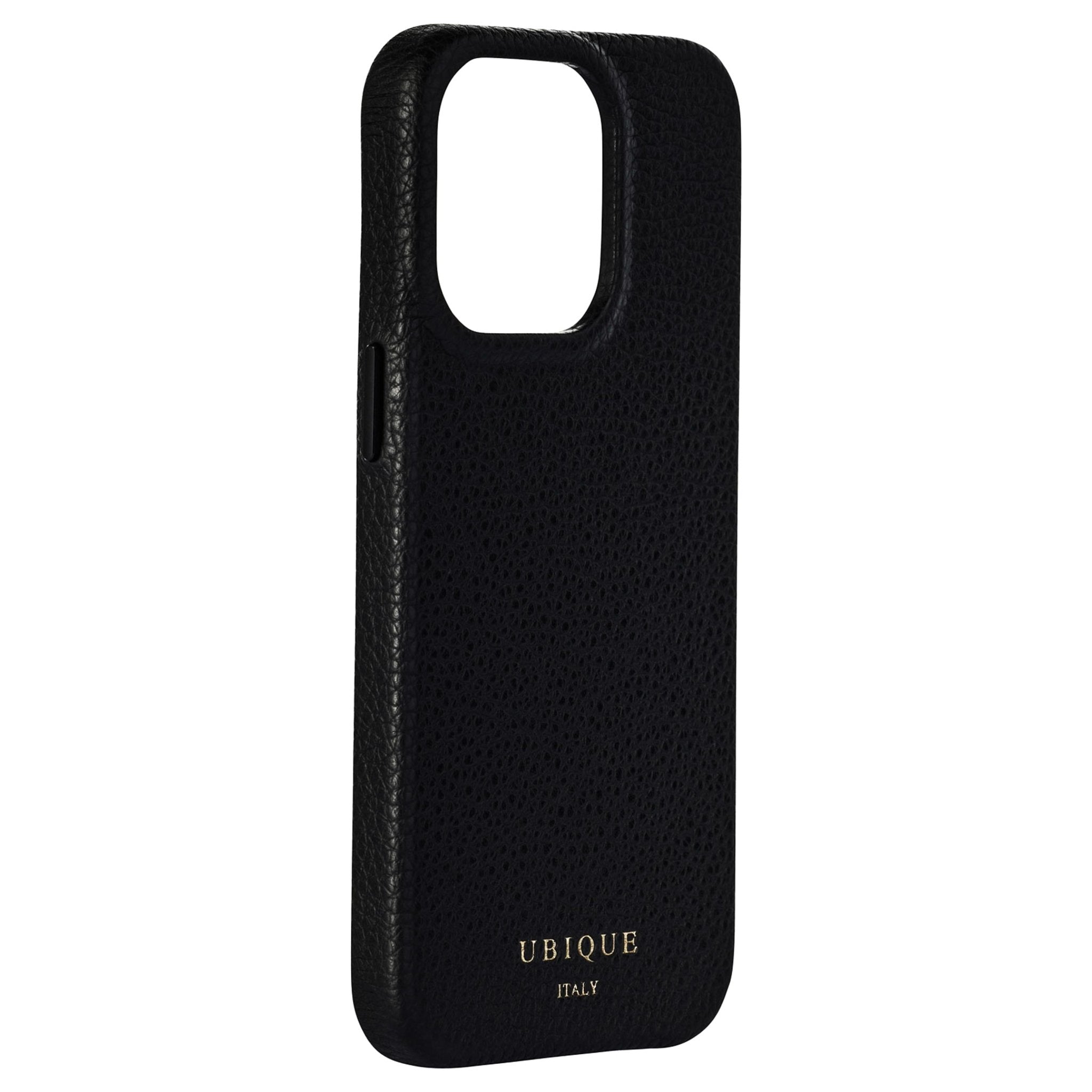 Ubique Italy Luxury iPhone Case 13 Pro Pebble Grain Leather Black Angled