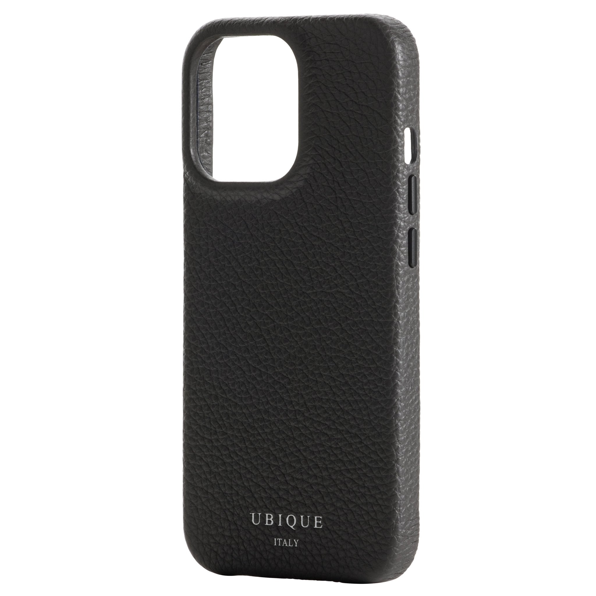 Ubique Italy Luxury iPhone Case 13 Pro Pebble Grain Leather Storm Grey Angled