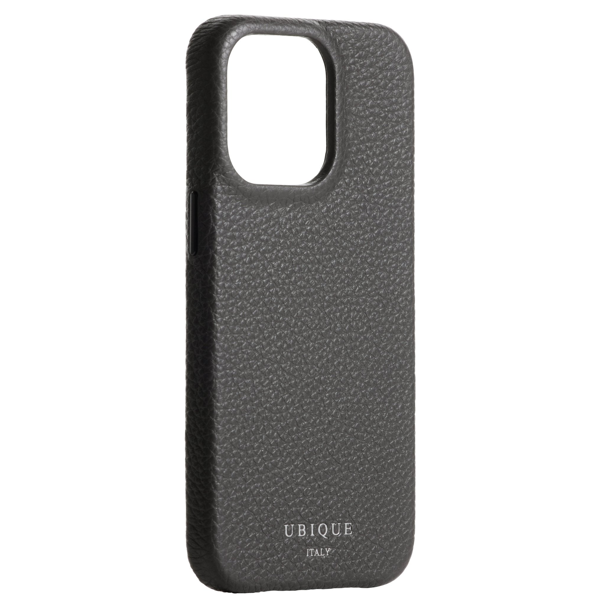 Ubique Italy Luxury iPhone Case 13 Pro Pebble Grain Leather Storm Grey Angled