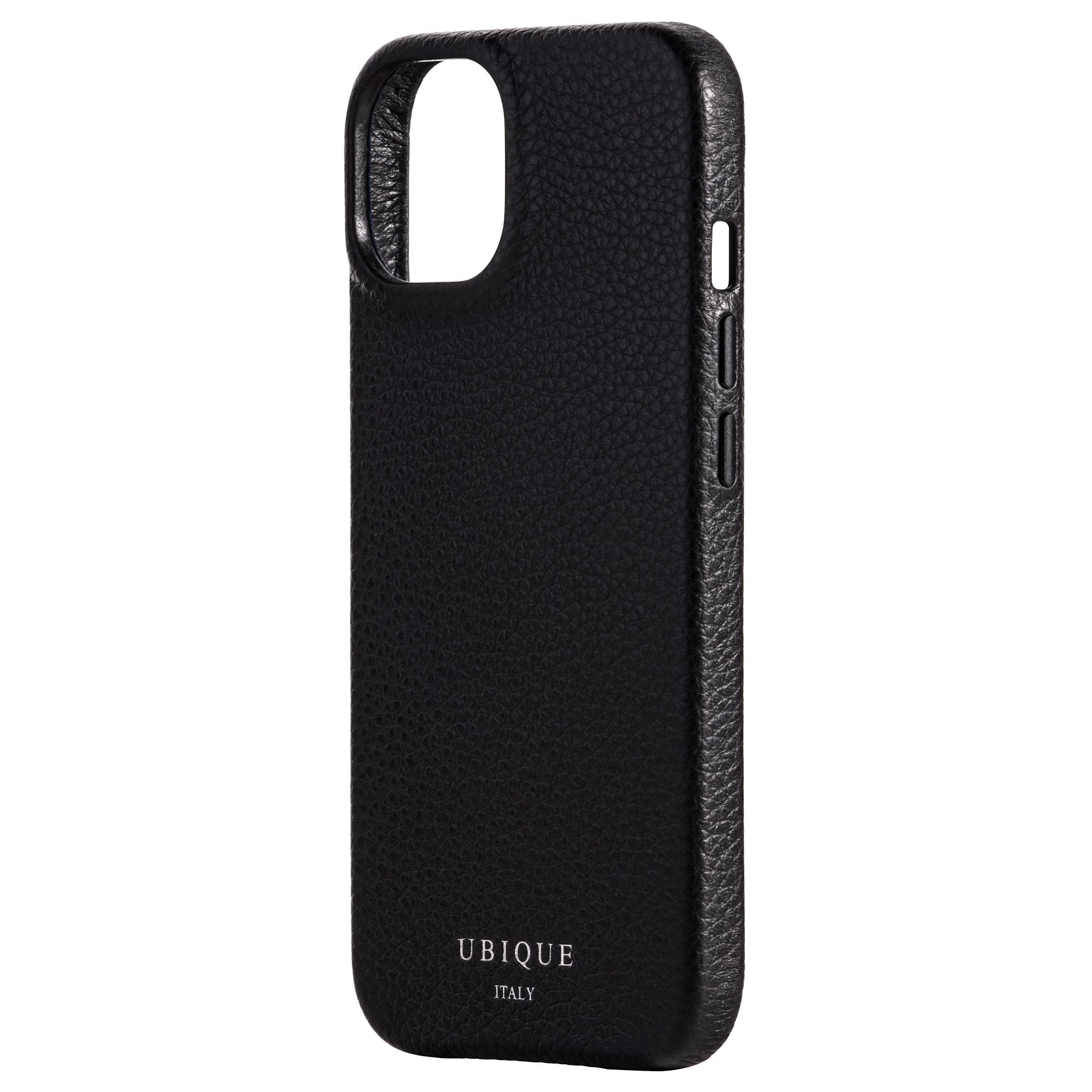 Ubique Italy Luxury iPhone Case 14 Pebble Grain Leather Black Angled