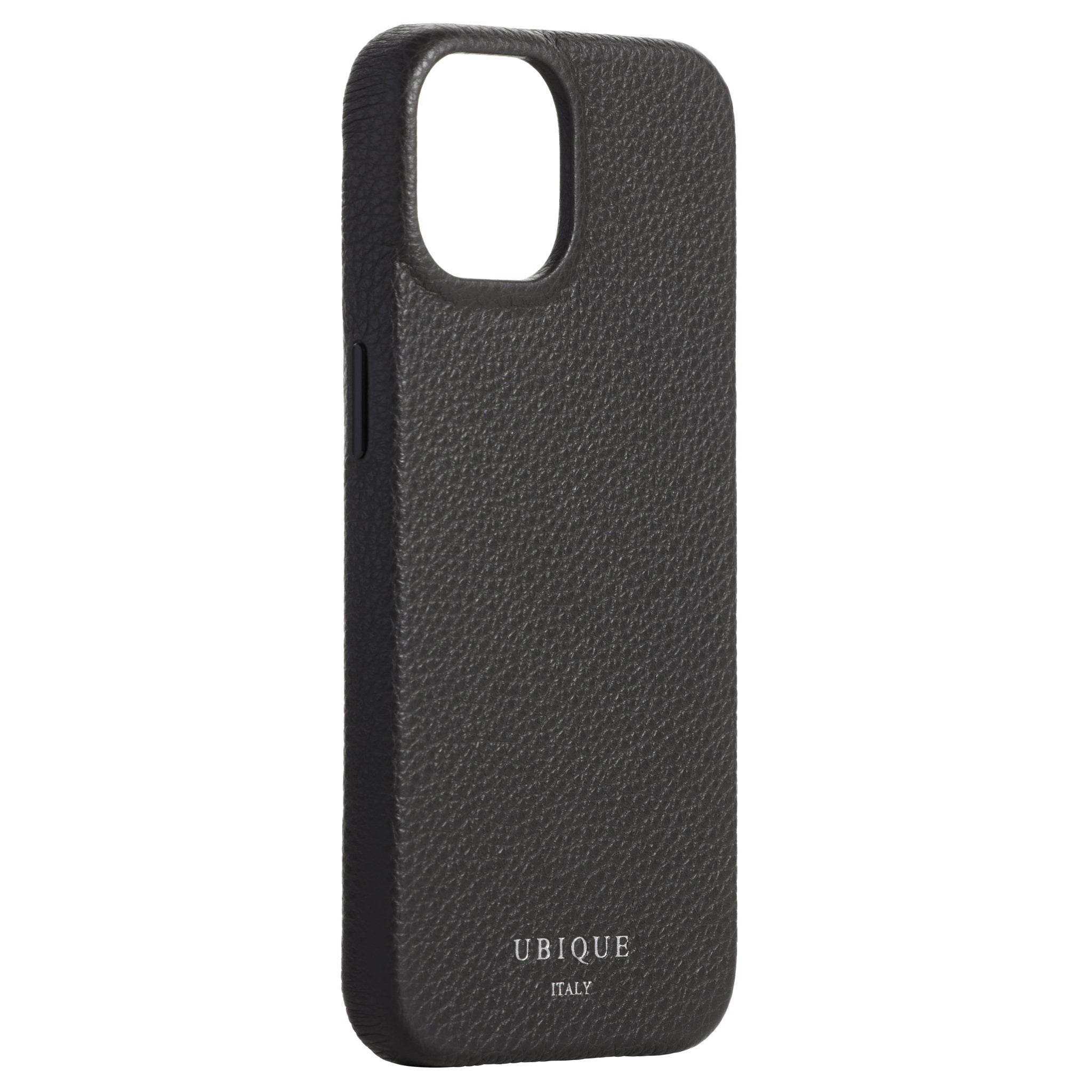 Ubique Italy Luxury iPhone Case 14 Pebble Grain Leather Storm Grey Angled