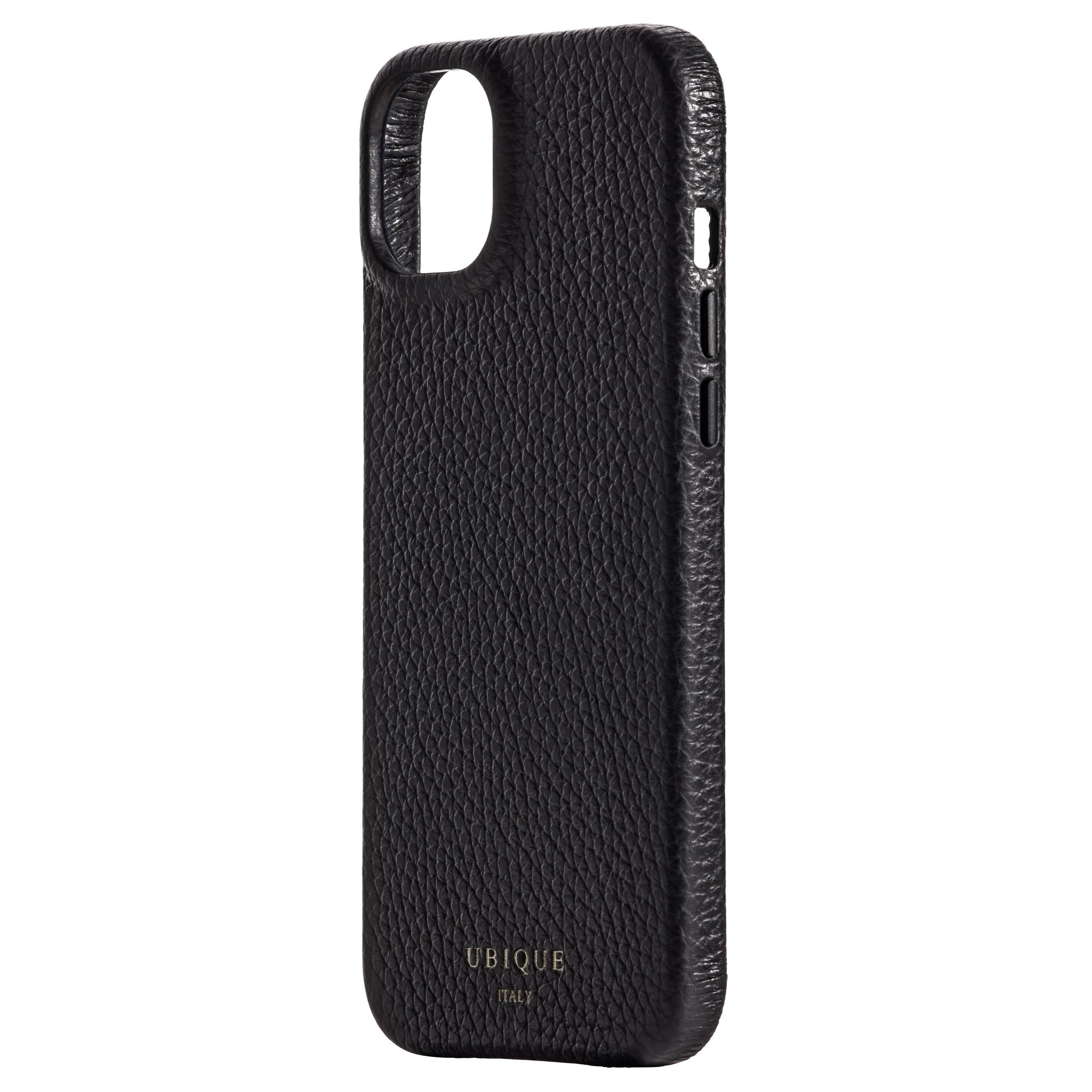 Ubique Italy Luxury iPhone Case 14 Pebble Grain Leather Black Angled