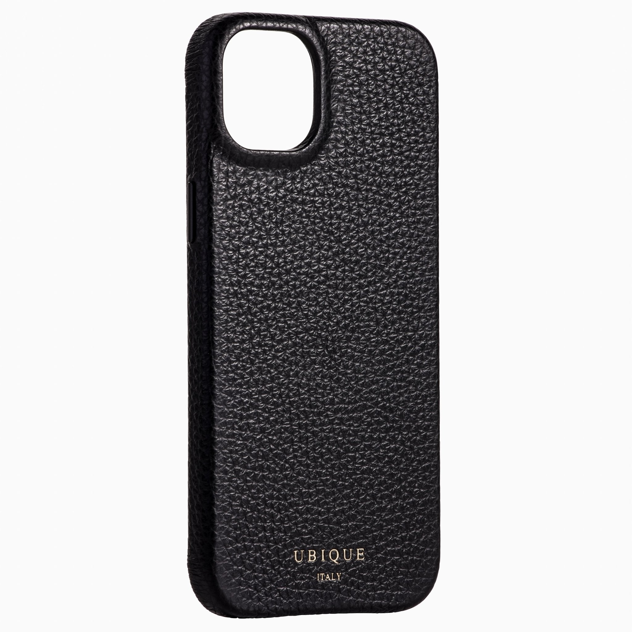 Ubique Italy Luxury iPhone Case 14 Pebble Grain Leather Black Angled