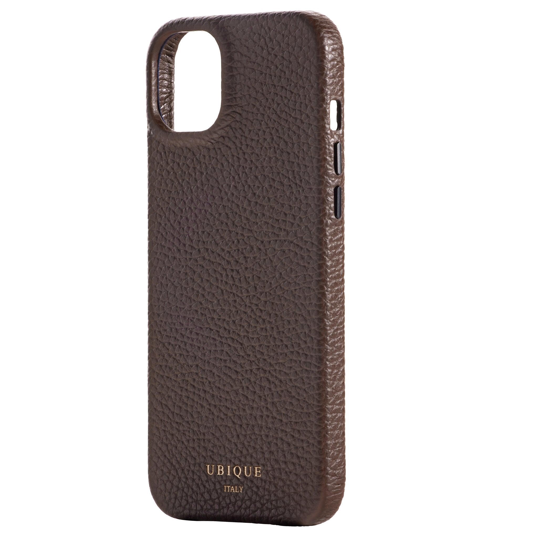 Ubique Italy Luxury iPhone Case 14 Pebble Grain Leather Dark Walnut Angled