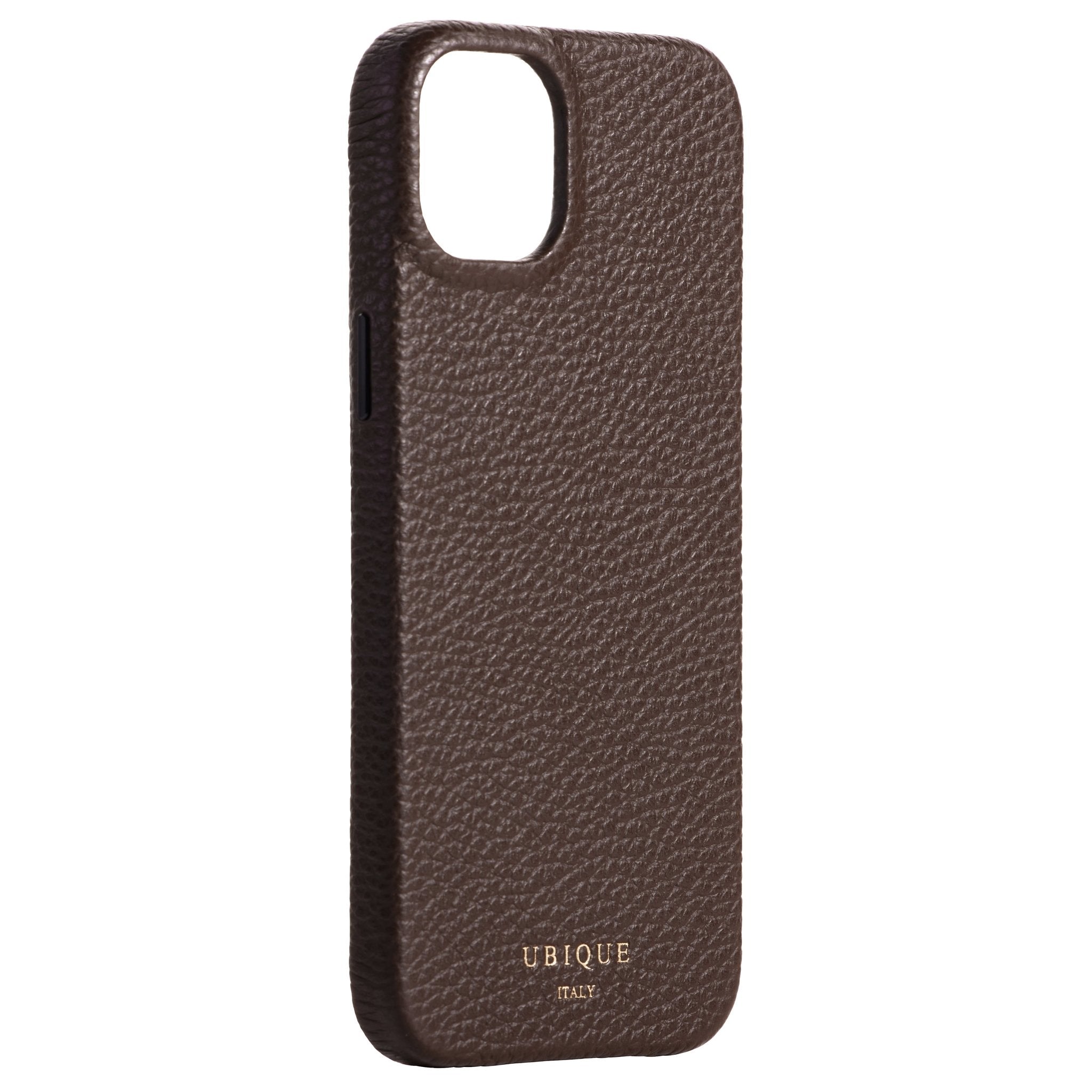 Ubique Italy Luxury iPhone Case 14 Pebble Grain Leather Dark Walnut Angled