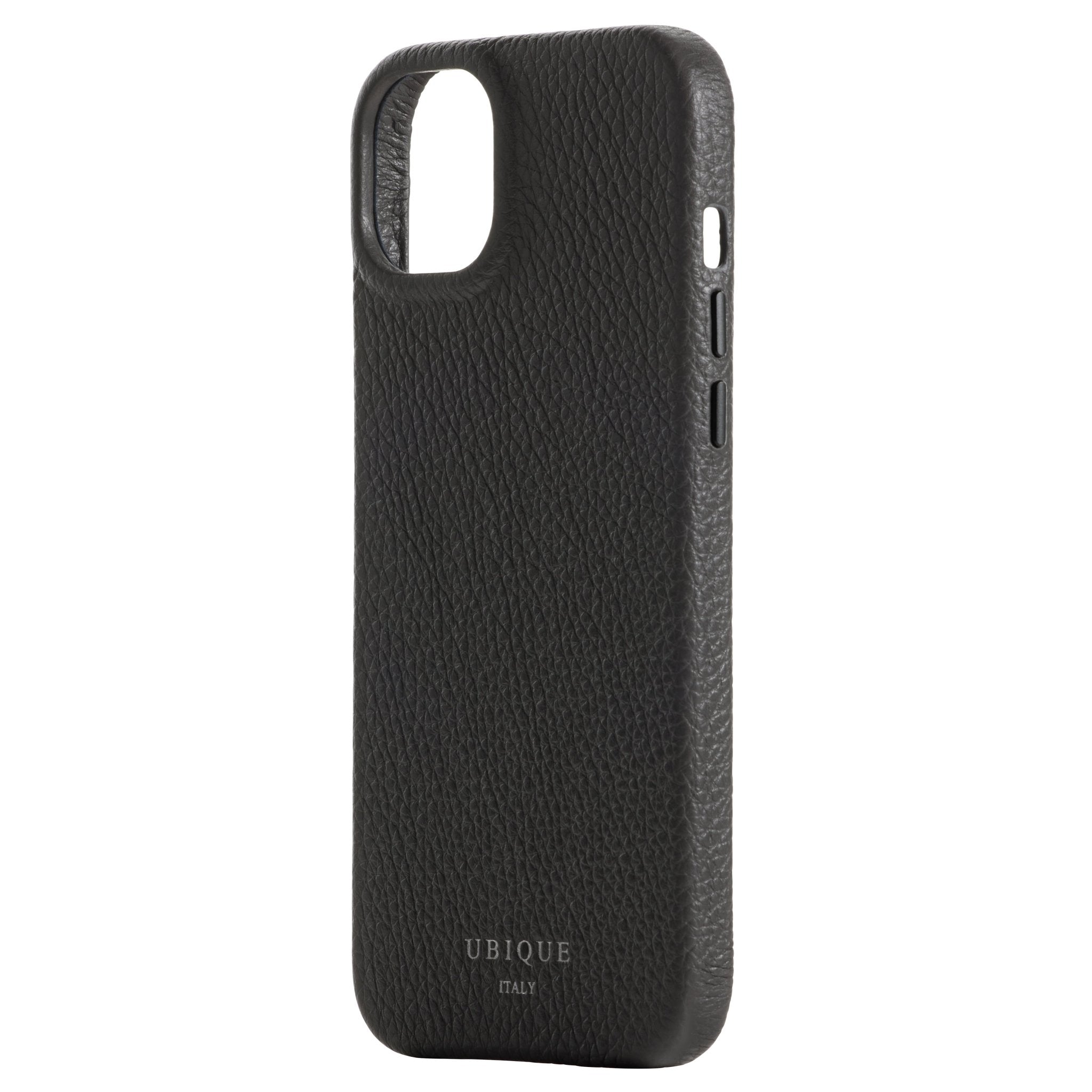 Ubique Italy Luxury iPhone Case 14 Pebble Grain Leather Storm Grey Angled