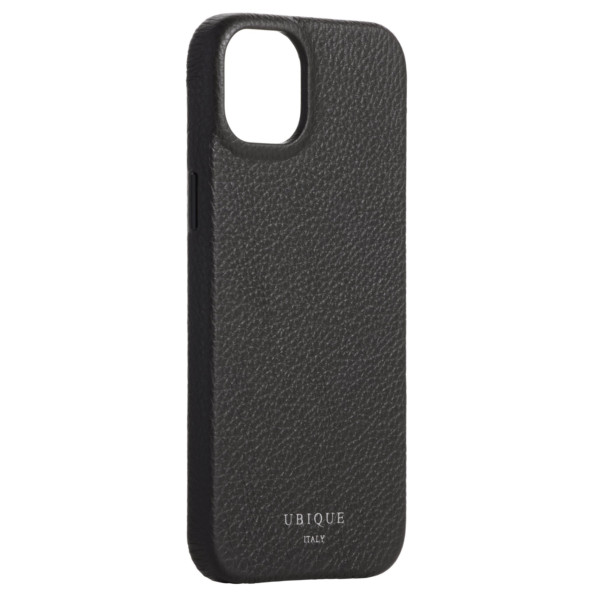 Ubique Italy Luxury iPhone Case 14 Pebble Grain Leather Storm Grey Angled