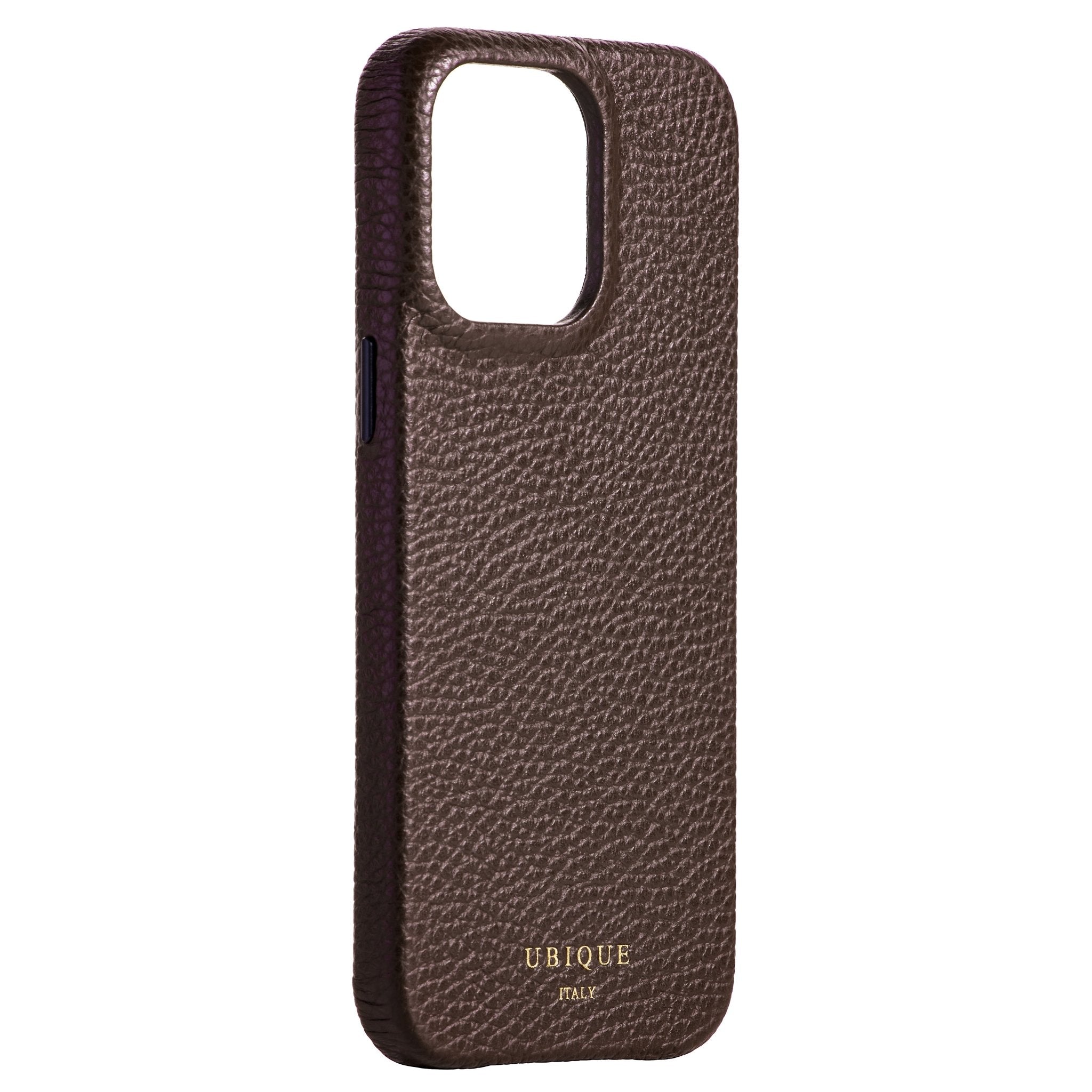 Ubique Italy Luxury iPhone Case 14 Pro Max Pebble Grain Leather Dark Walnut Angled