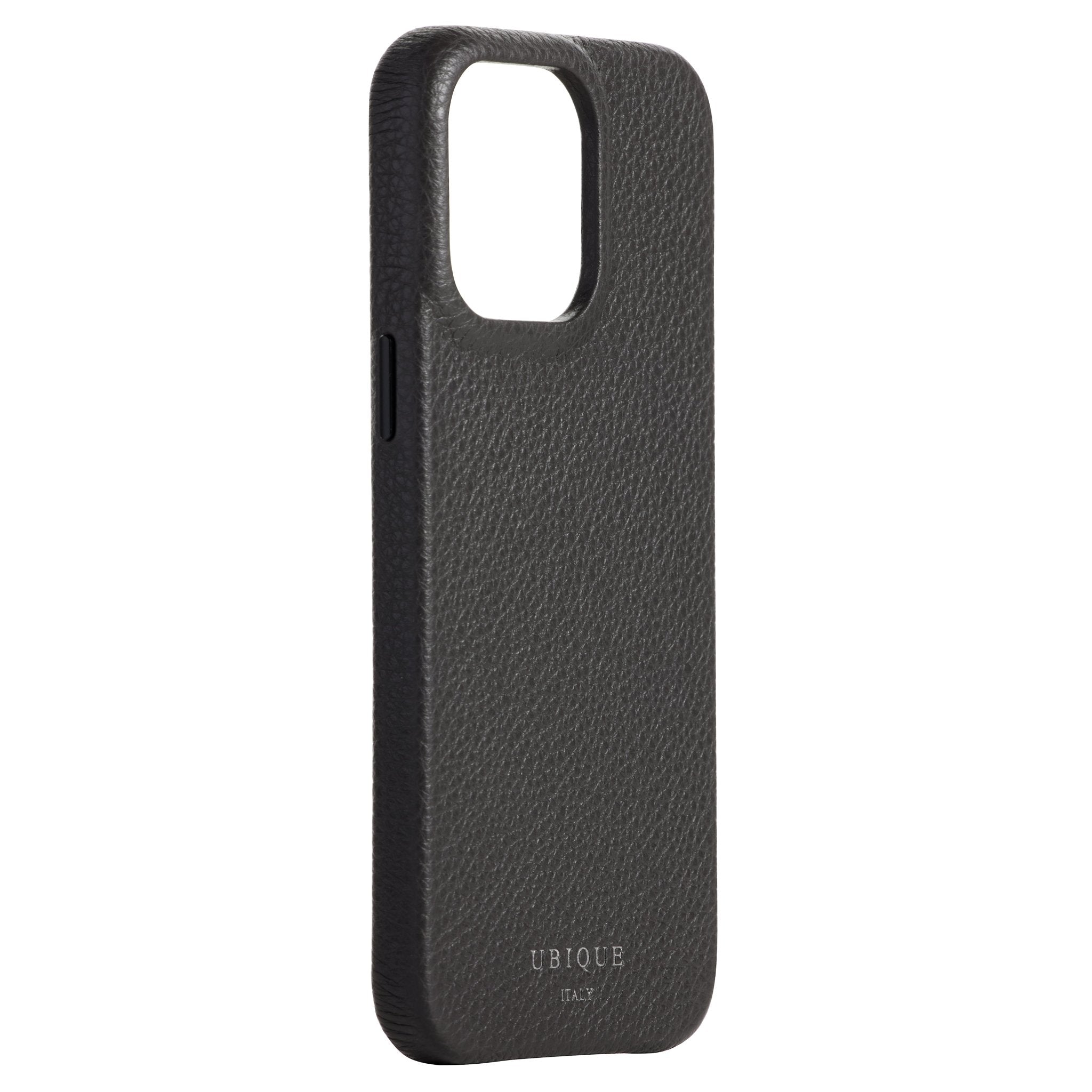 Ubique Italy Luxury iPhone Case 14 Pro Max Pebble Grain Leather Storm Grey Angled