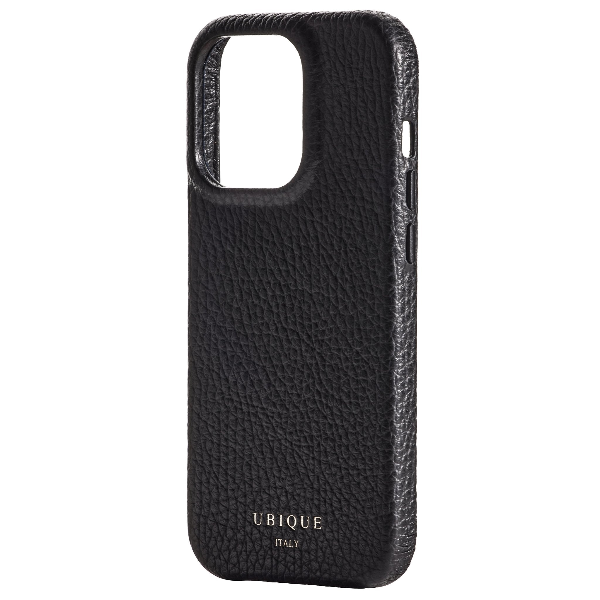 Ubique Italy Luxury iPhone Case 14 Pebble Grain Leather Black Angled