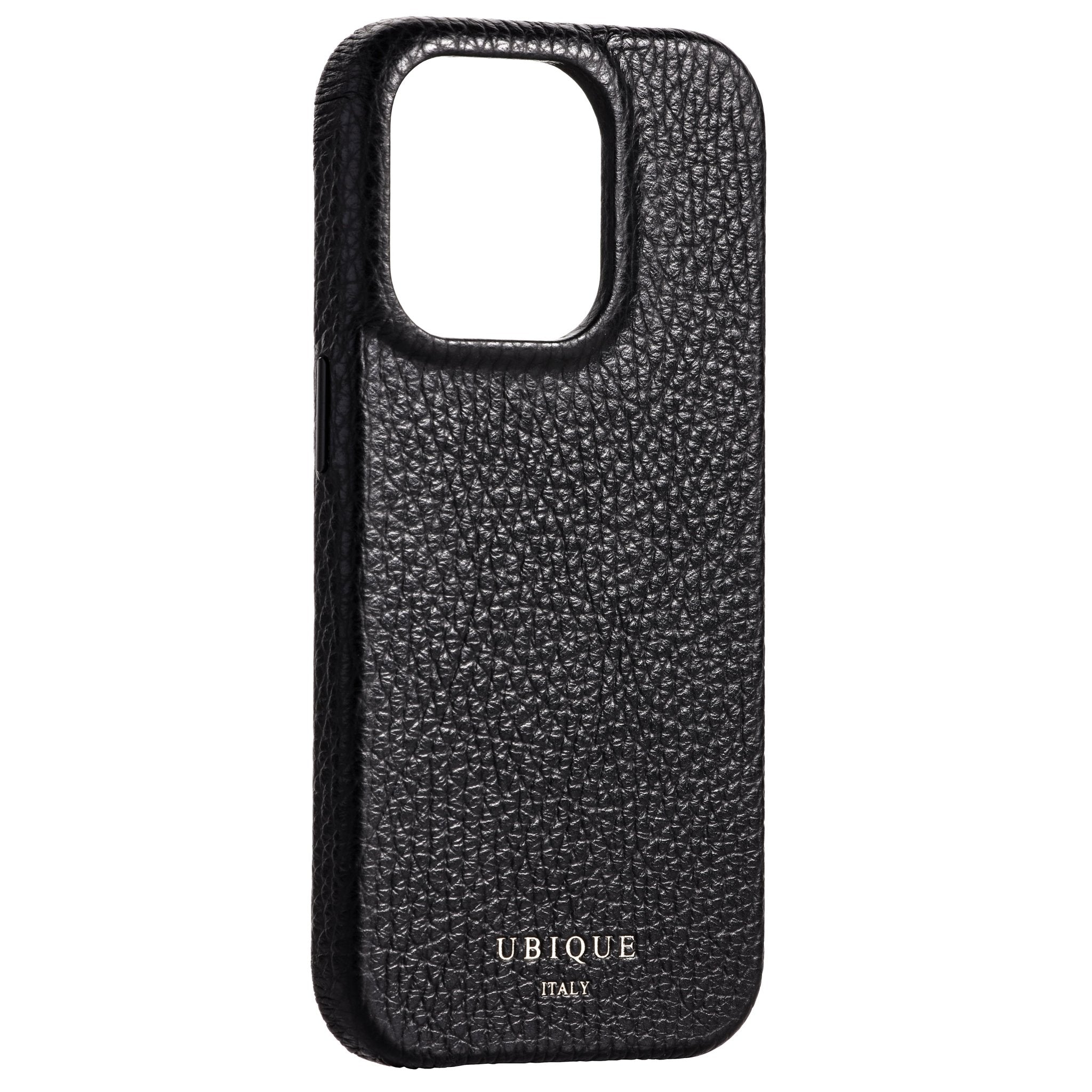 Ubique Italy Luxury iPhone Case 14 Pebble Grain Leather Black Angled