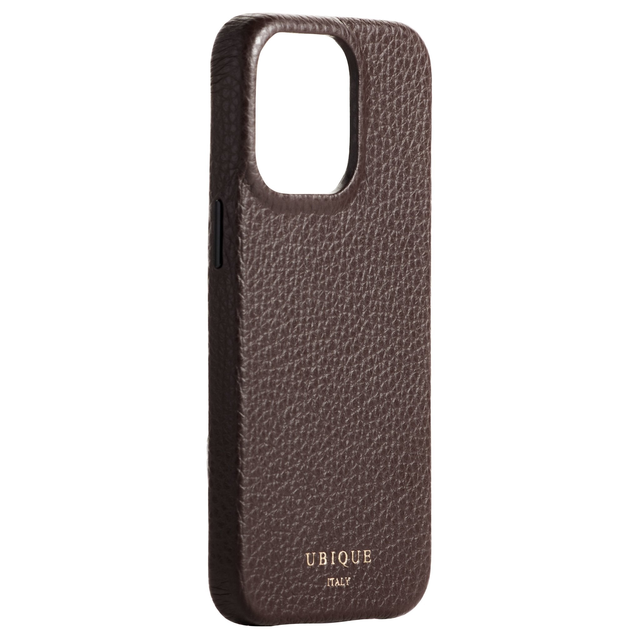 Ubique Italy Luxury iPhone Case 14 Pebble Grain Leather Dark Walnut Angled
