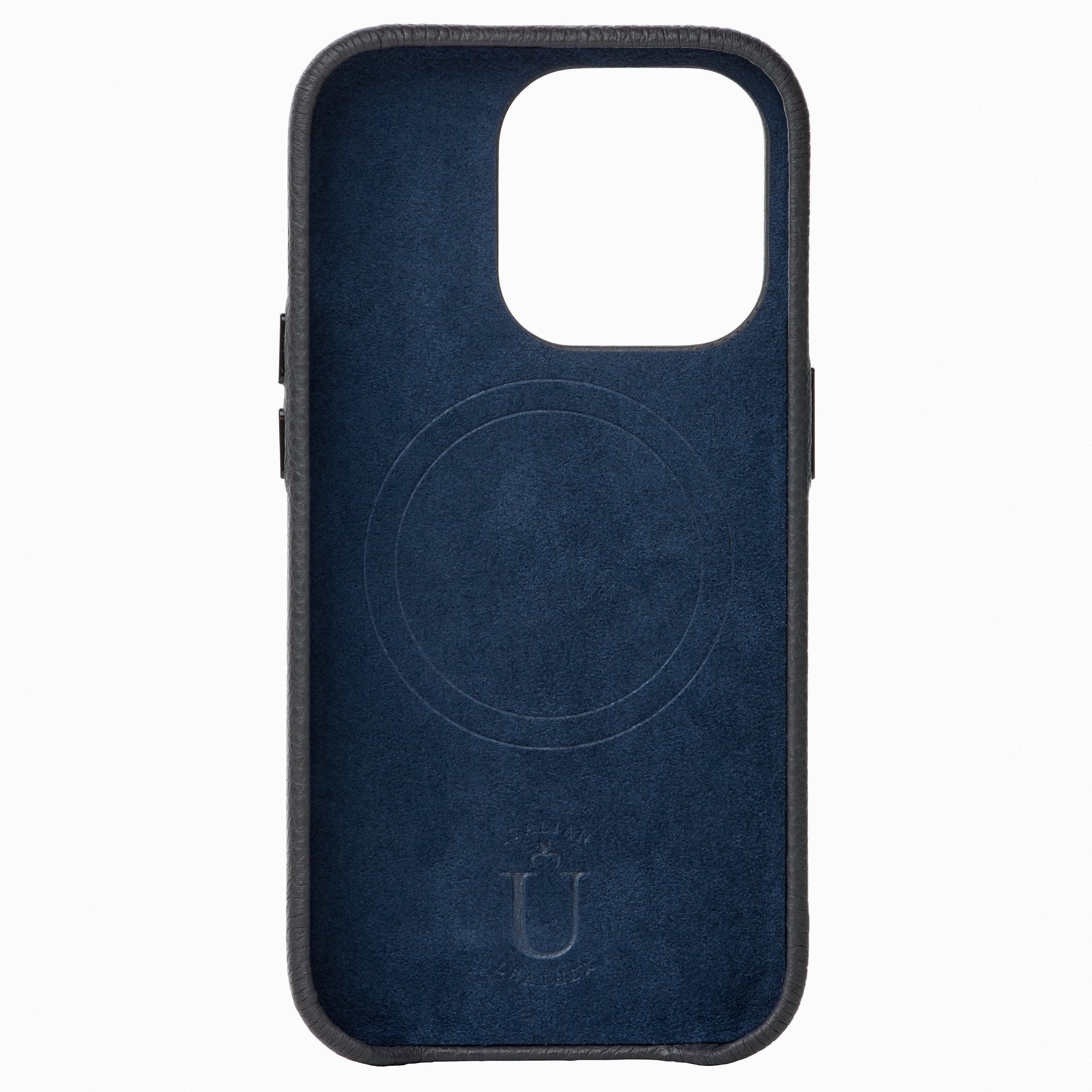 Ubique Italy Luxury iPhone Case 14 Pebble Grain Leather Storm Grey Inner Lining