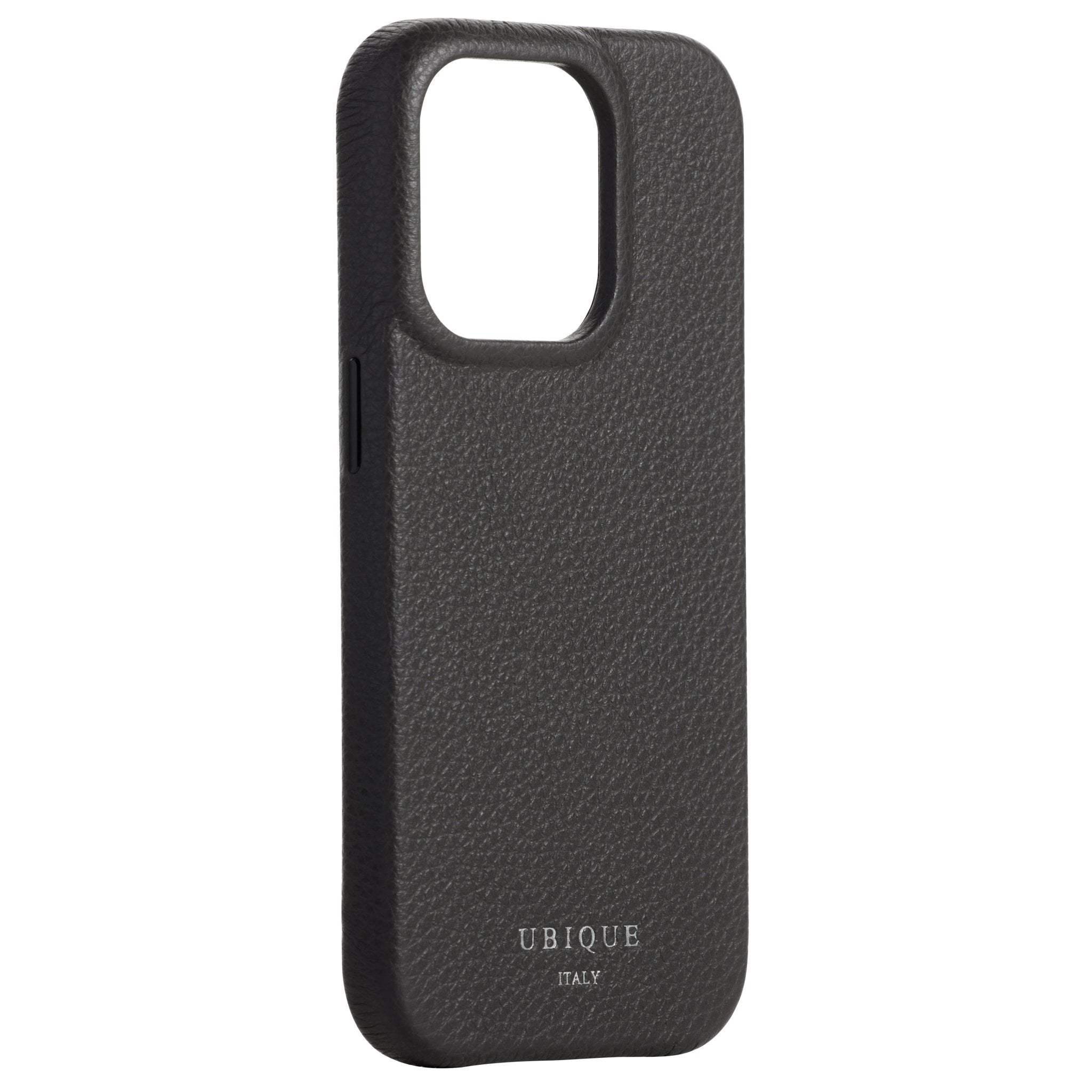 Ubique Italy Luxury iPhone Case 14 Pebble Grain Leather Storm Grey Angled