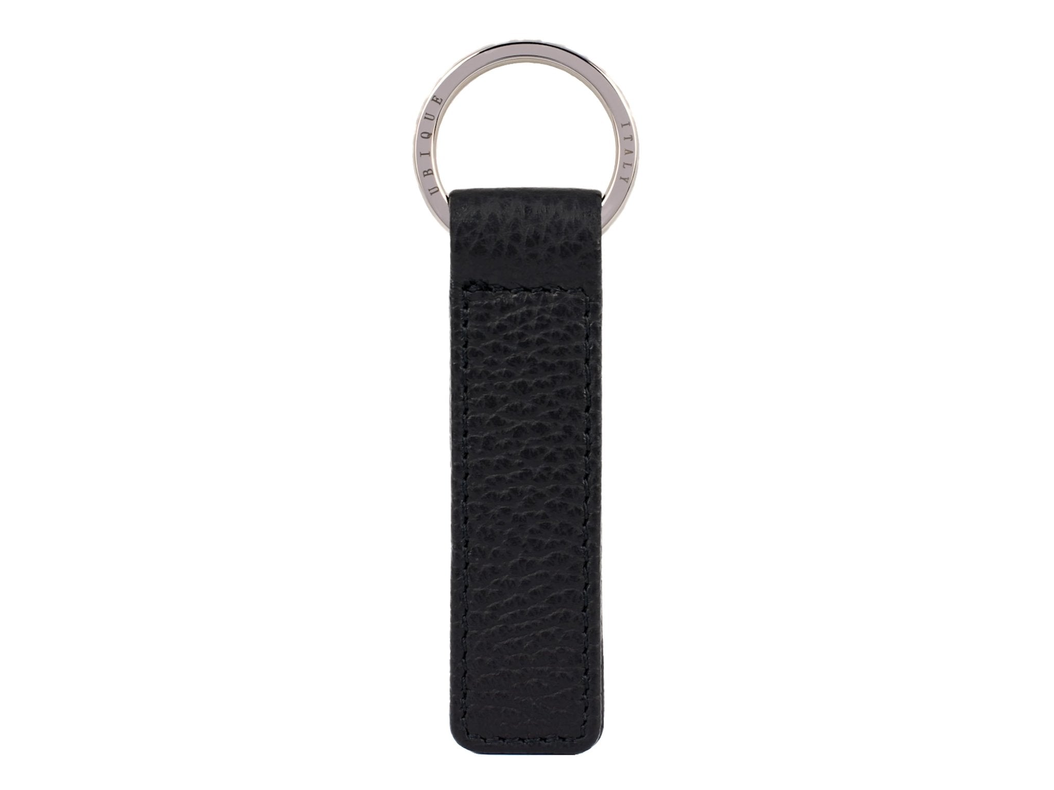 Ubique Italy Black Full Grain Leather Rectangle Key Ring with Silver Ring