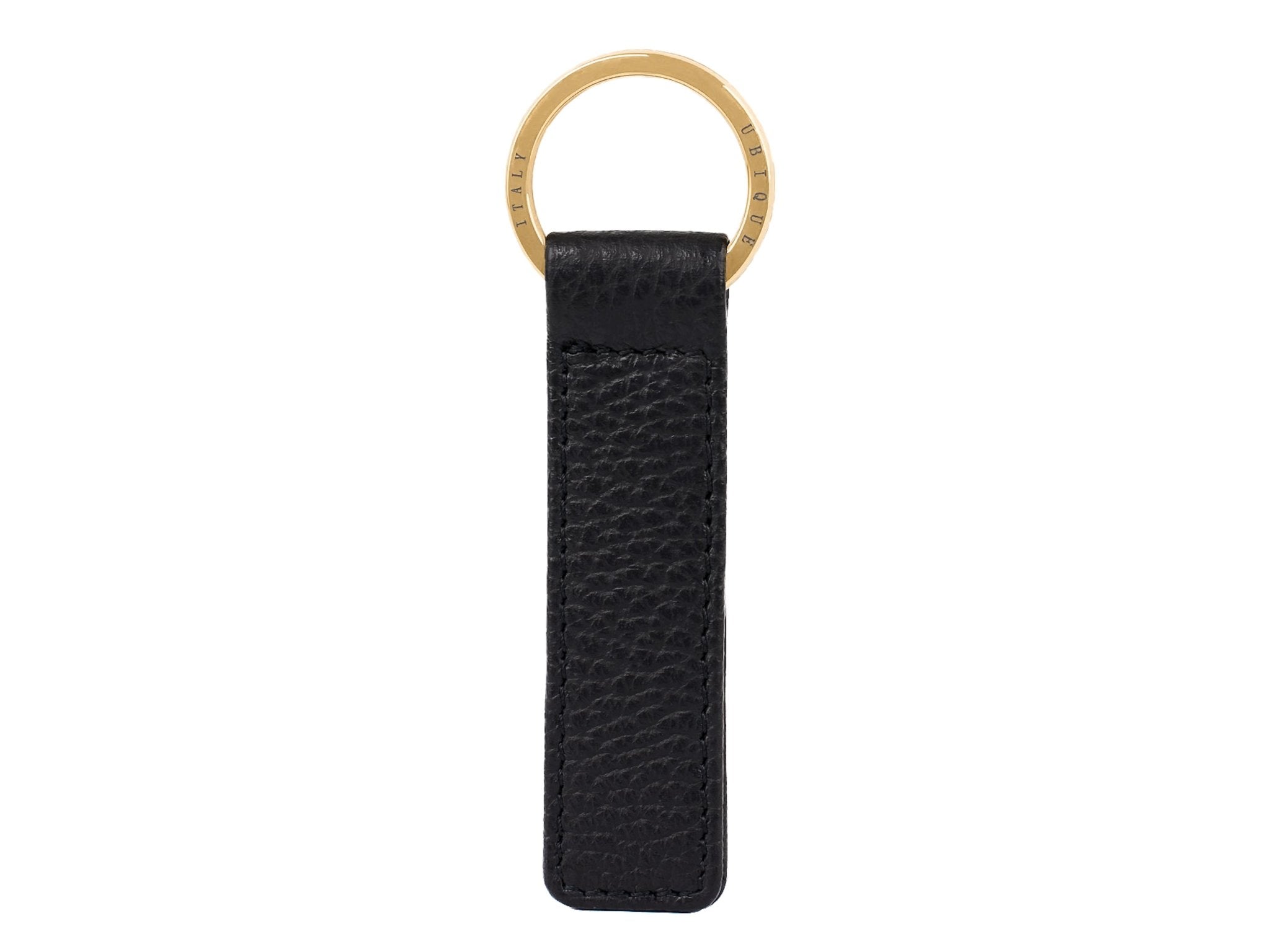 Ubique Italy Black Full Grain Leather Rectangle Key Ring with Gold Ring