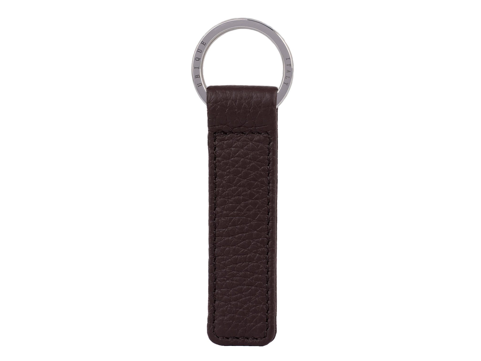 Ubique Italy Brown Calf Leather Rectangle Key Ring with Silver Ring