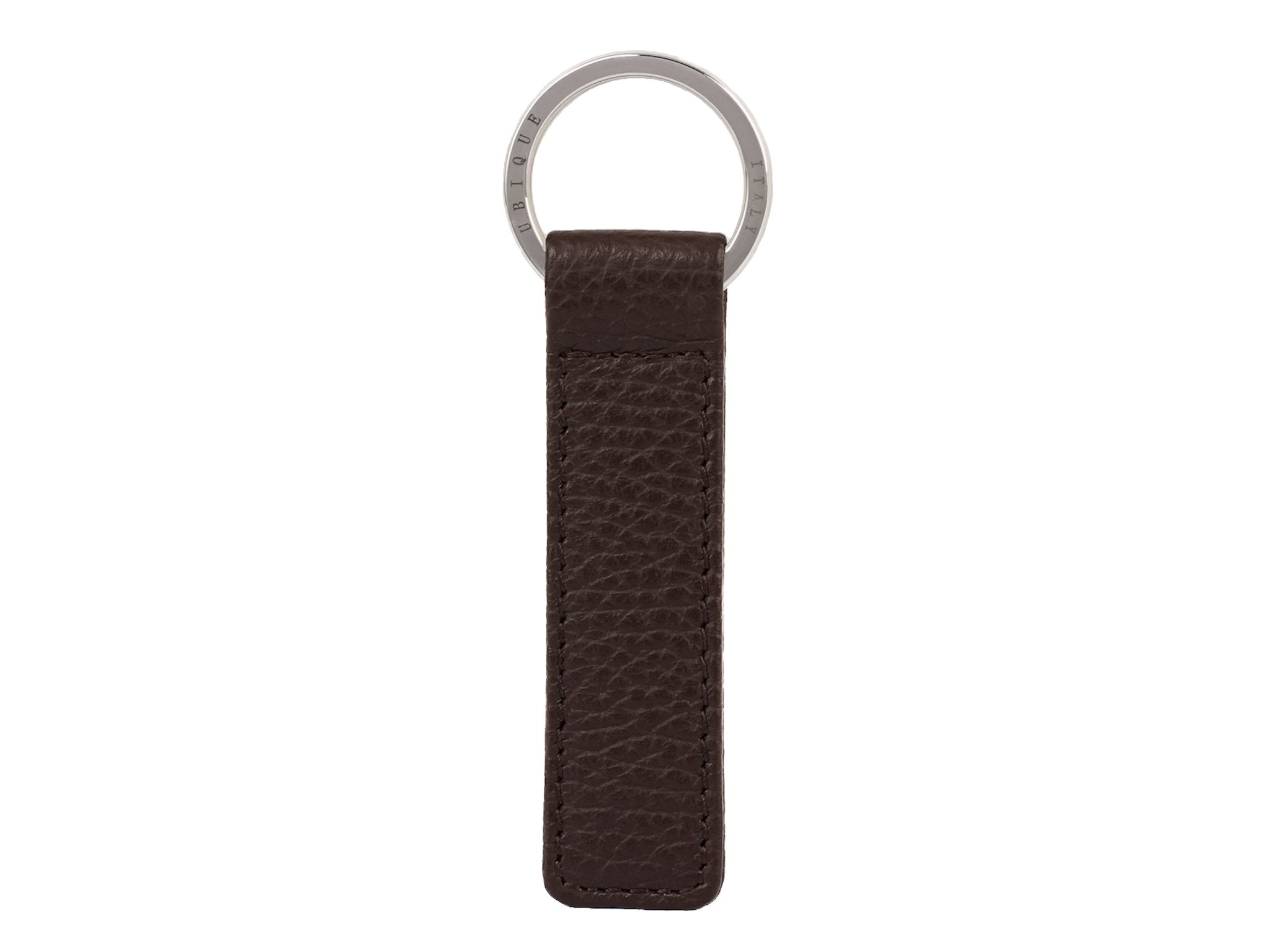 Ubique Italy Brown Full Grain Leather Rectangle Key Ring with Silver Ring