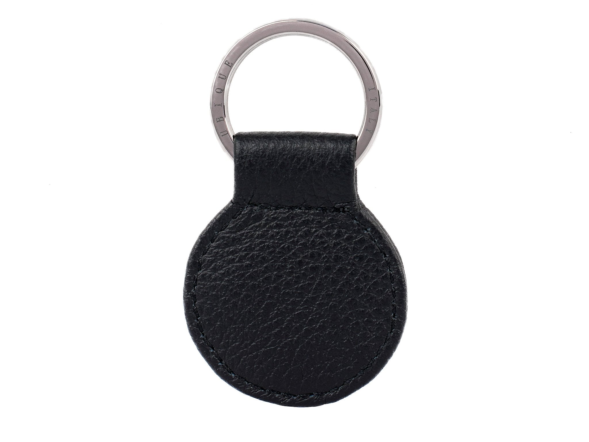 Ubique Italy Black Full Grain Leather Round Key Ring with Silver Ring