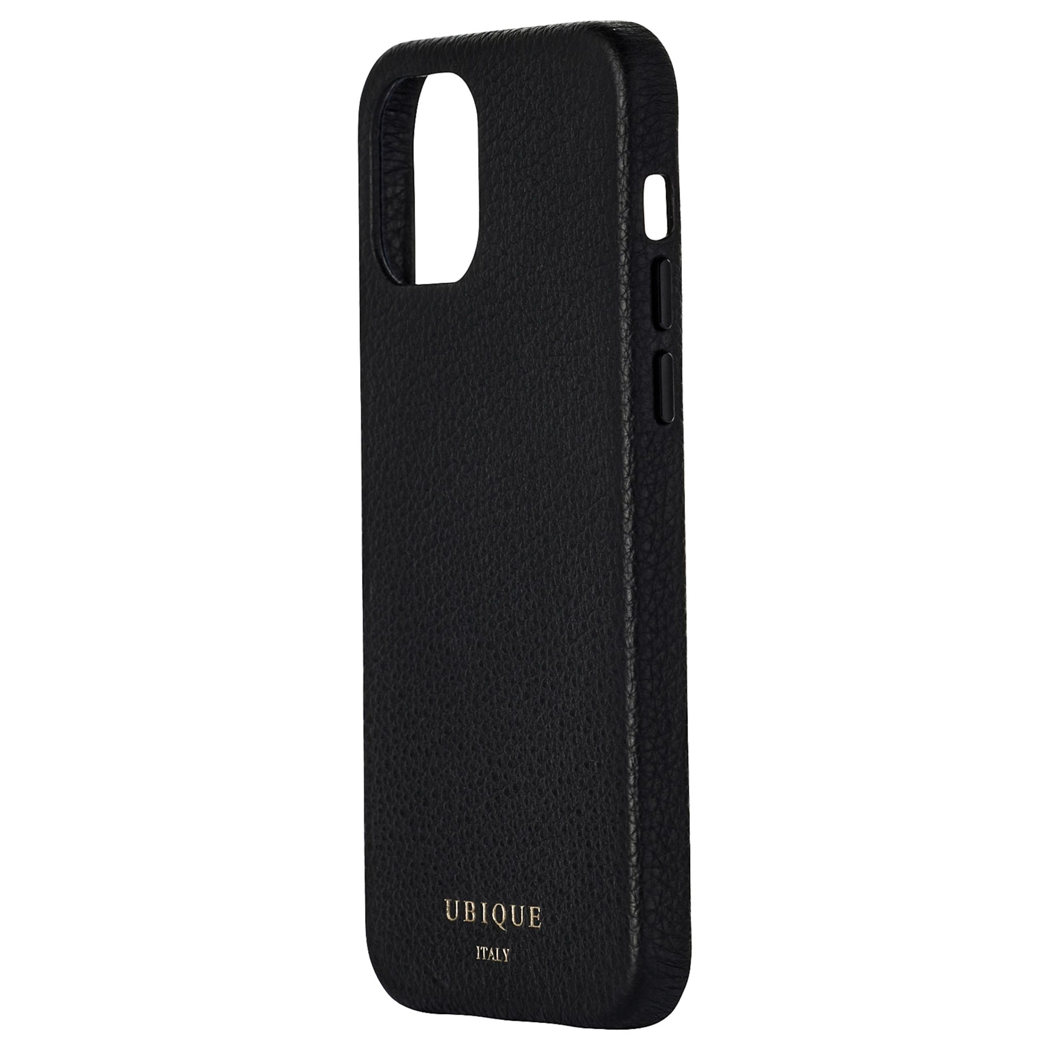 Ubique Italy Luxury iPhone Case 12 Pebble Grain Leather Black Angled