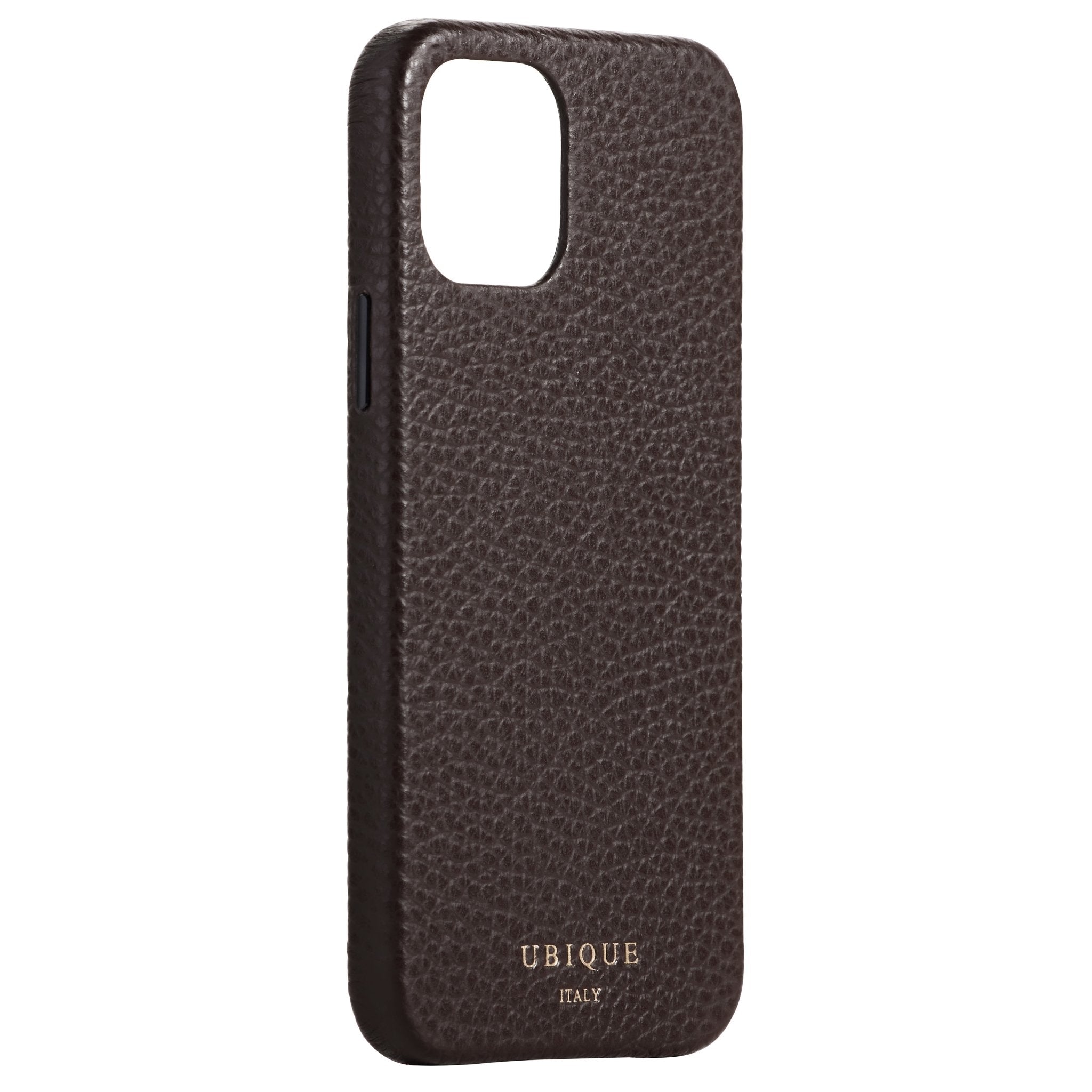 Ubique Italy Luxury iPhone Case 12 Pebble Grain Leather Dark Walnut Angled