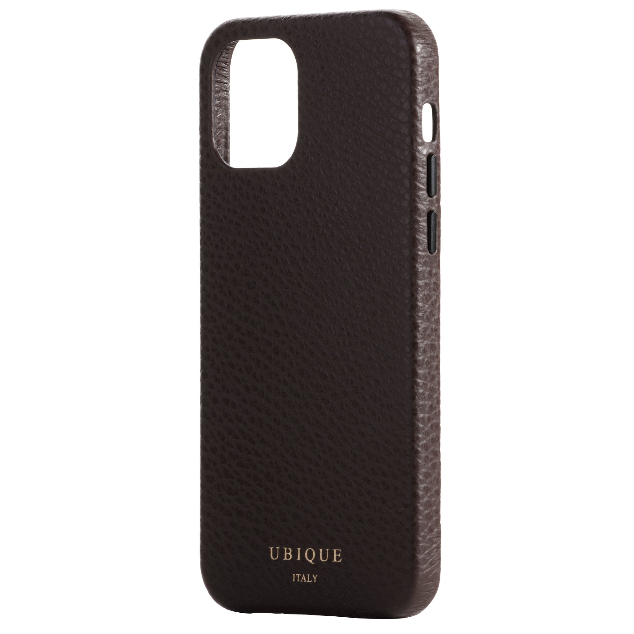 Ubique Italy Luxury iPhone Case 12 Pro Pebble Grain Leather Dark Walnut Angled