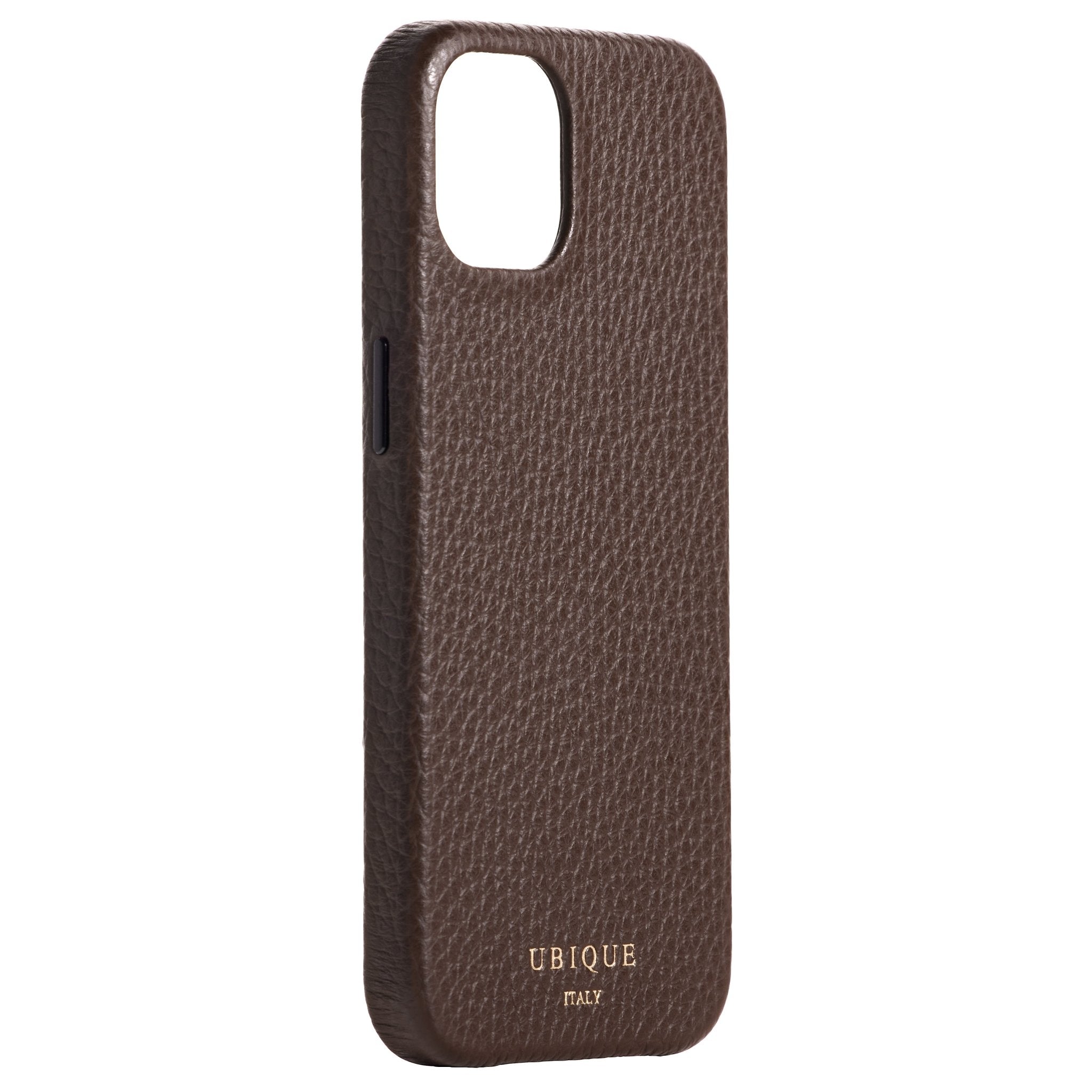 Ubique Italy Luxury iPhone Case 13 Pebble Grain Leather Dark Walnut Angled