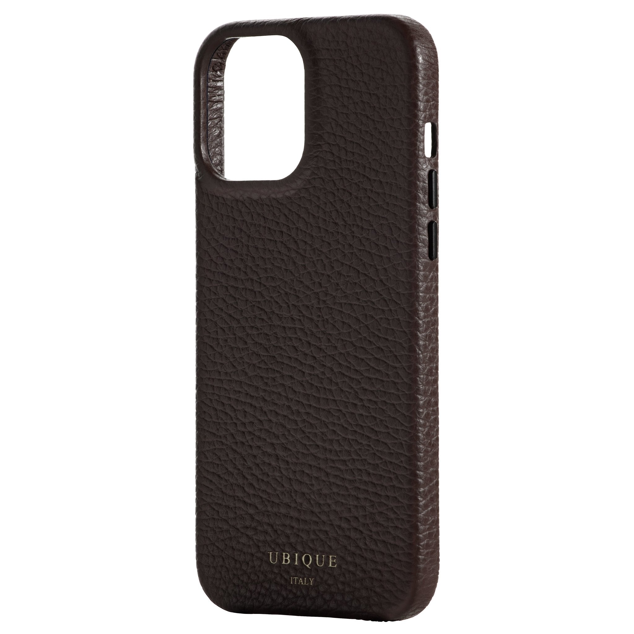 Ubique Italy Luxury iPhone Case 13 Pro Max Pebble Grain Leather Dark Walnut Angled