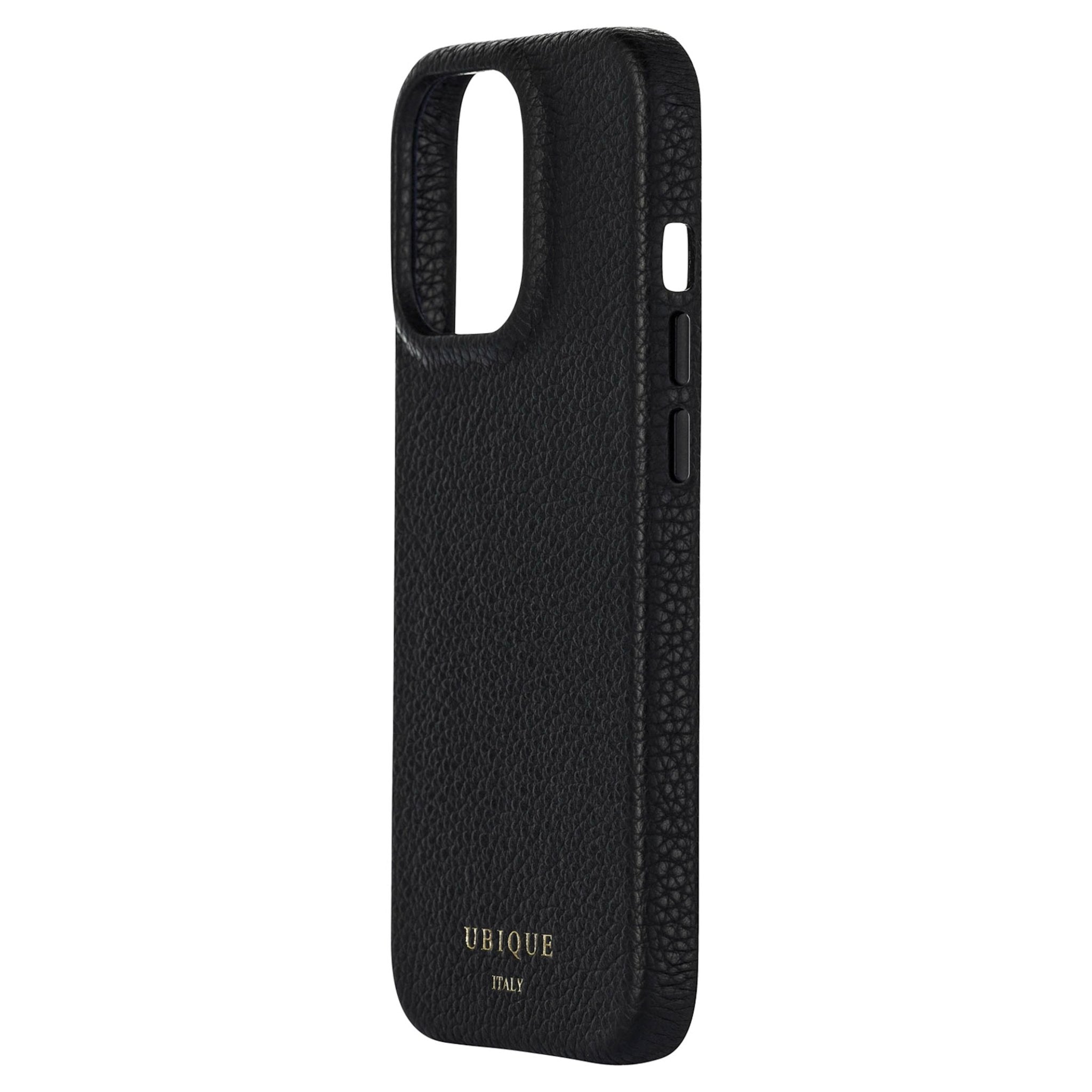 Ubique Italy Luxury iPhone Case 13 Pro Pebble Grain Leather Black Angled