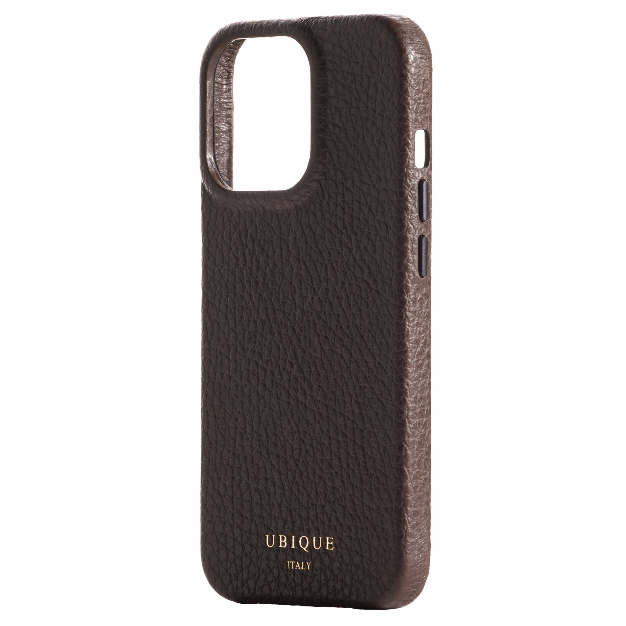 Ubique Italy Luxury iPhone Case 13 Pro Pebble Grain Leather Dark Walnut Angled
