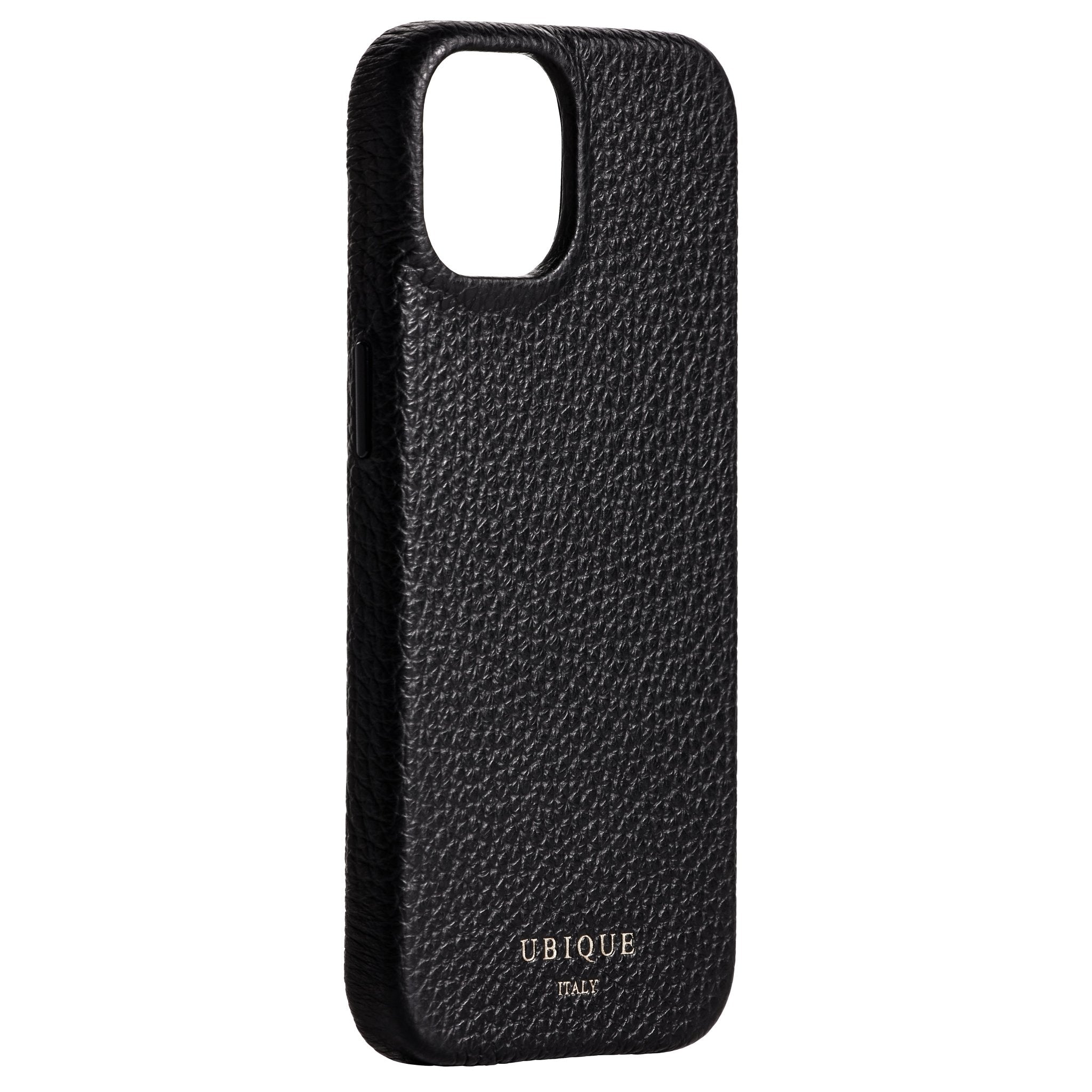 Ubique Italy Luxury iPhone Case 14 Pebble Grain Leather Black Angled