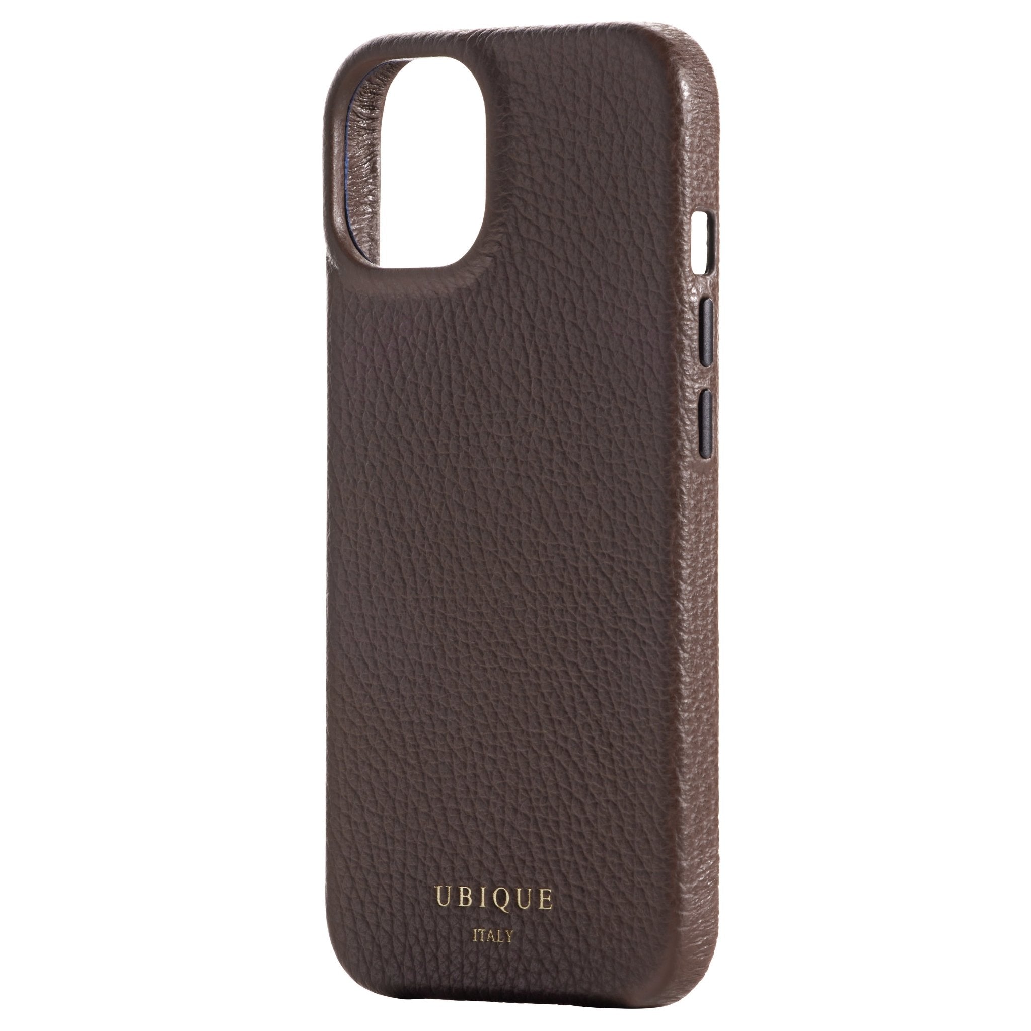 Ubique Italy Luxury iPhone Case 14 Pebble Grain Leather Dark Walnut Angled