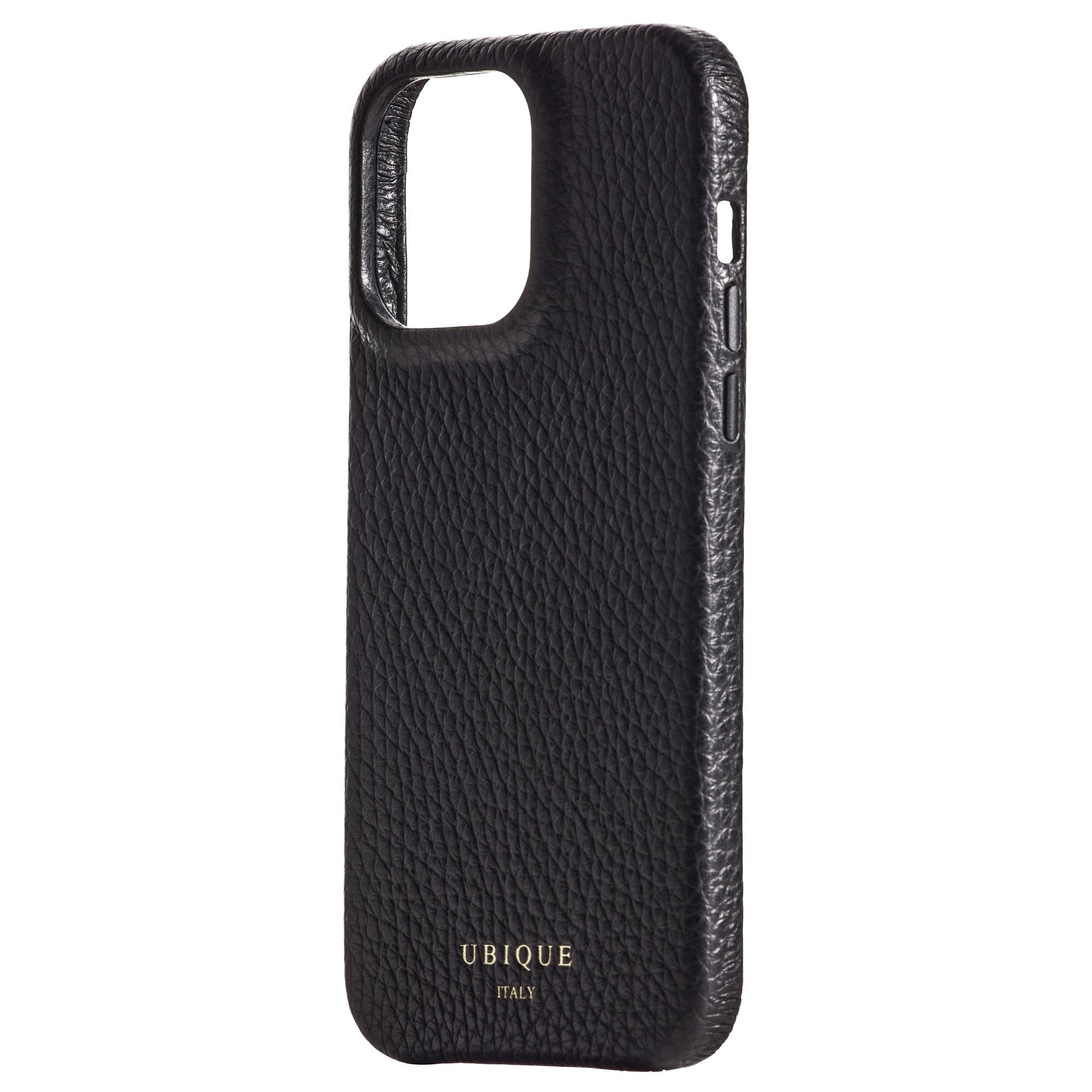 Ubique Italy Luxury iPhone Case 14 Pro Max Pebble Grain Leather Classic Black Angled
