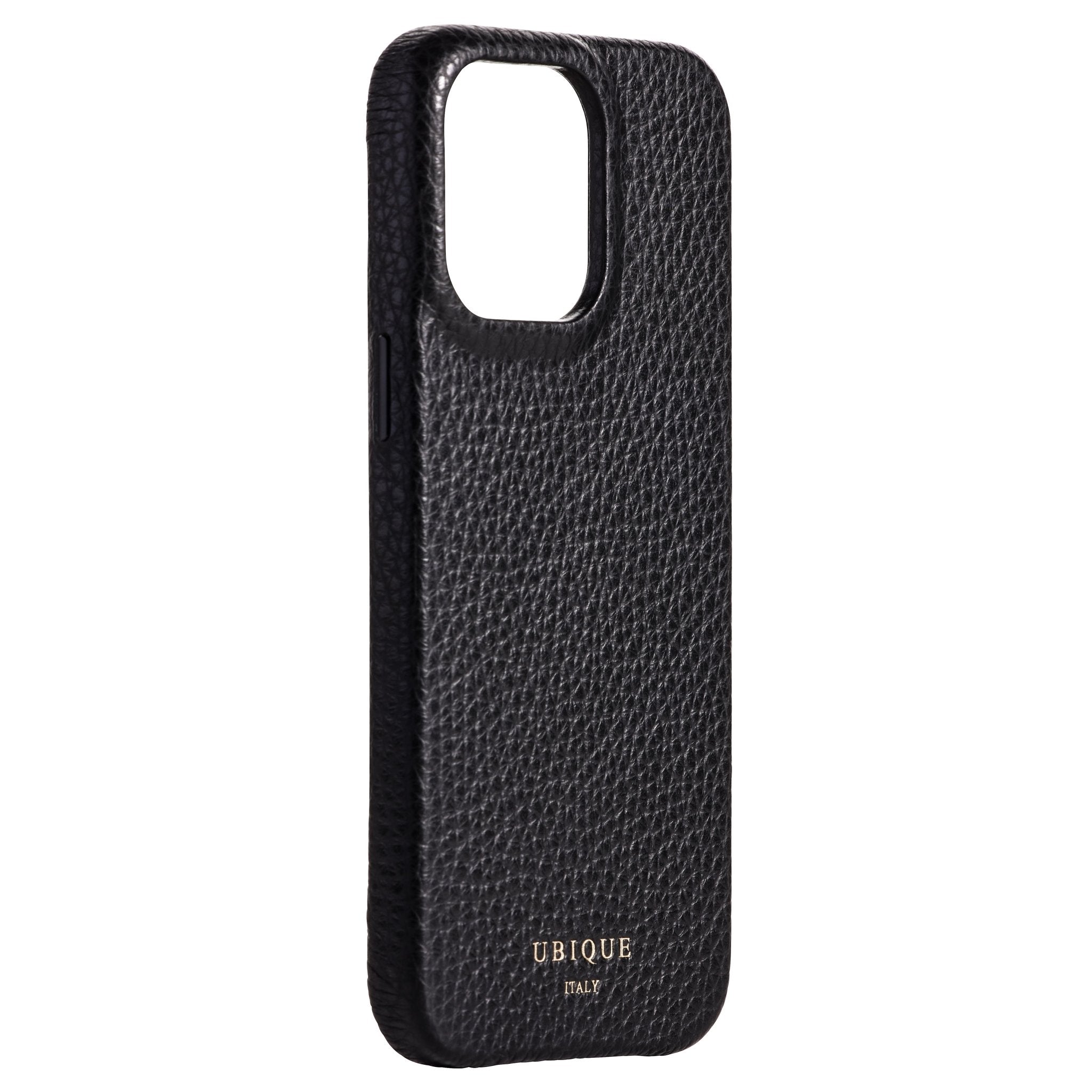 Ubique Italy Luxury iPhone Case 14 Pro Max Pebble Grain Leather Classic Black Angled