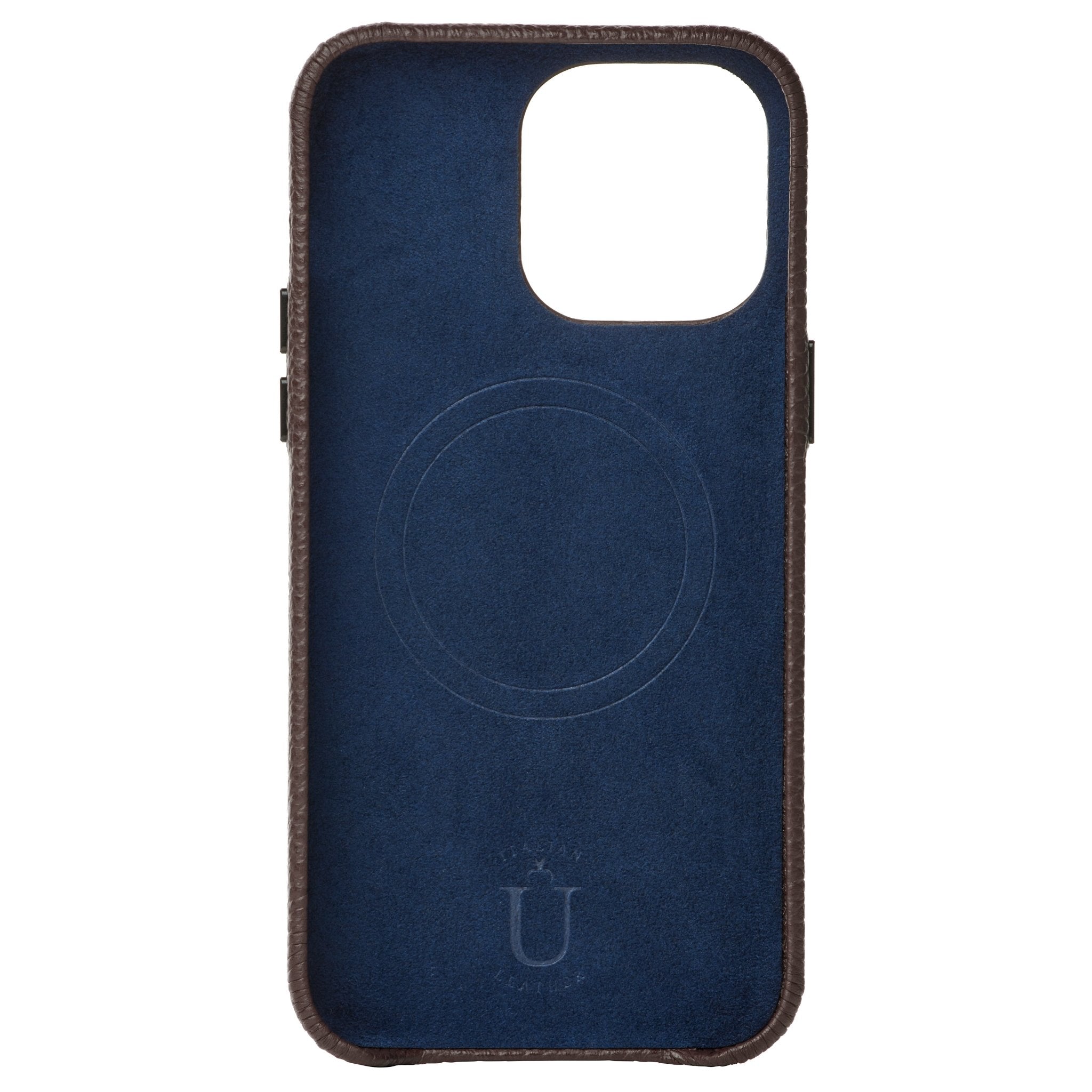 Ubique Italy Luxury iPhone Case 14 Pro Max Pebble Grain Leather Dark Walnut Inner Lining