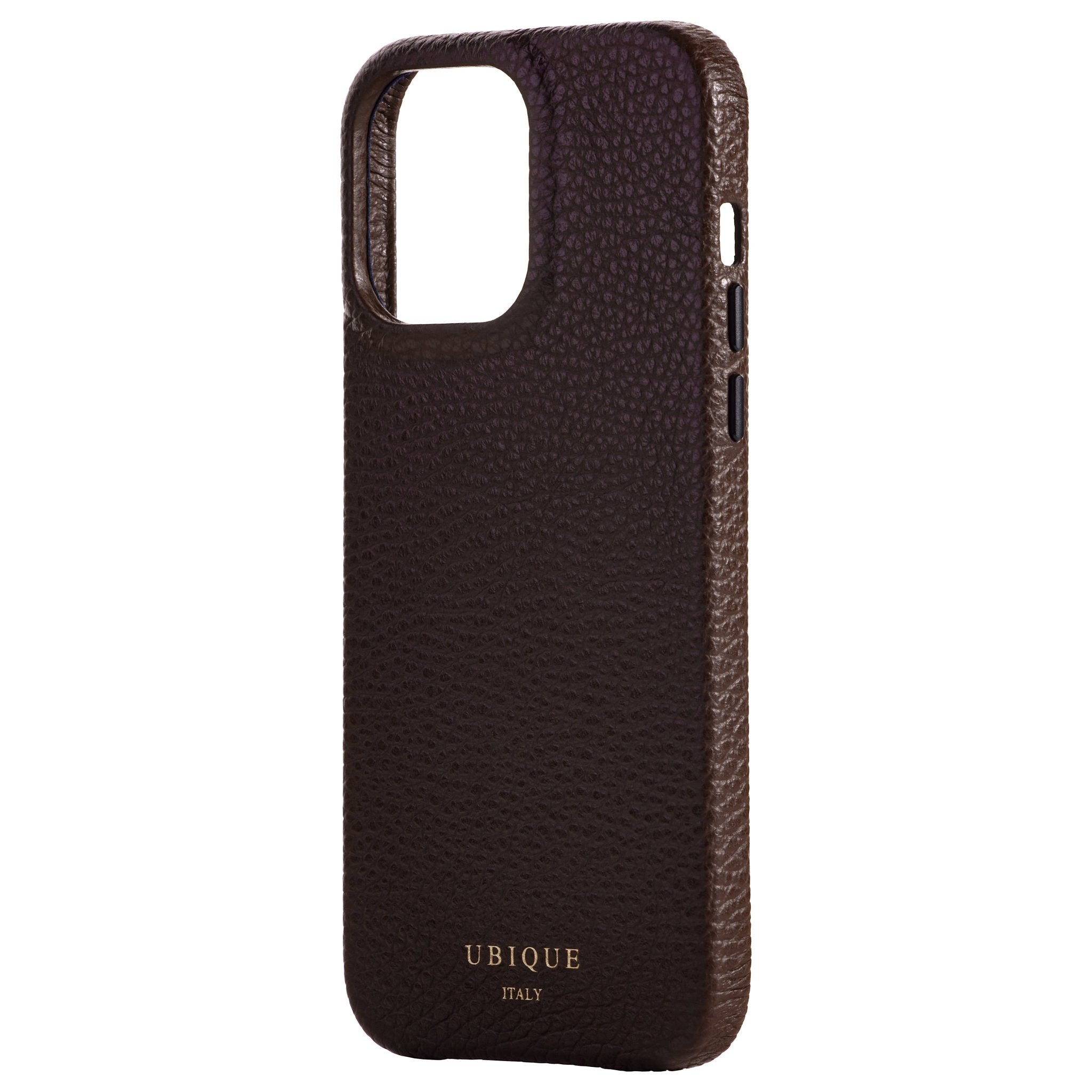 Ubique Italy Luxury iPhone Case 14 Pro Max Pebble Grain Leather Dark Walnut Angled