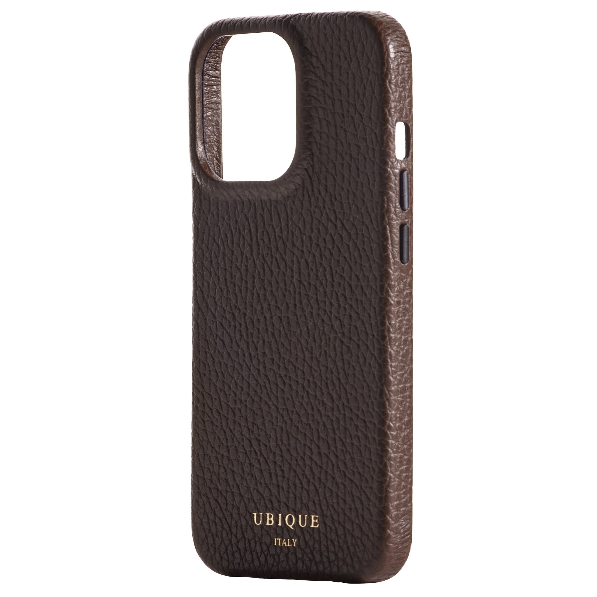 Ubique Italy Luxury iPhone Case 14 Pebble Grain Leather Dark Walnut Angled
